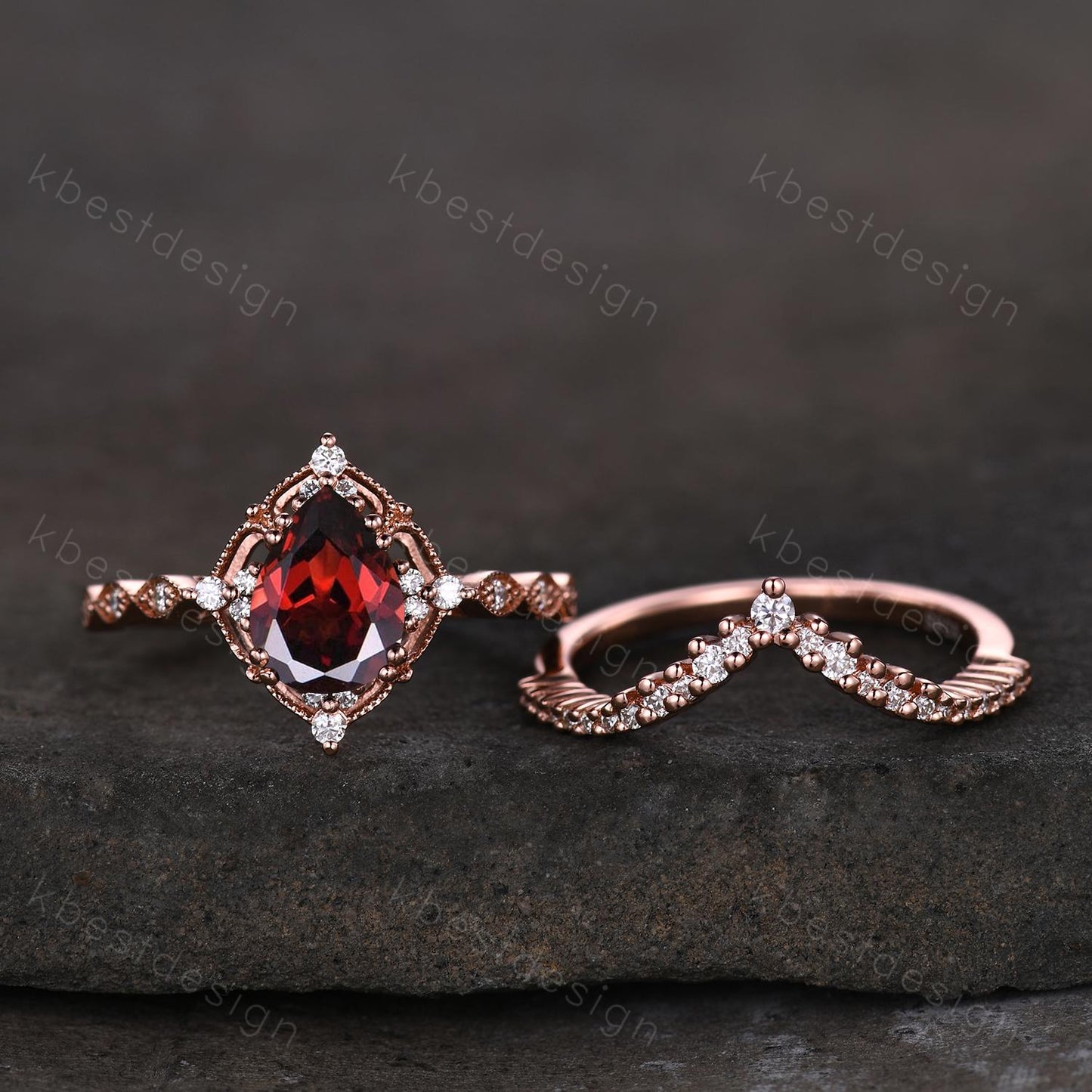 Vintage garnet engagement ring rose gold art deco curved stacking band pear cut bridal set unique moissanite wedding set anniversary gift