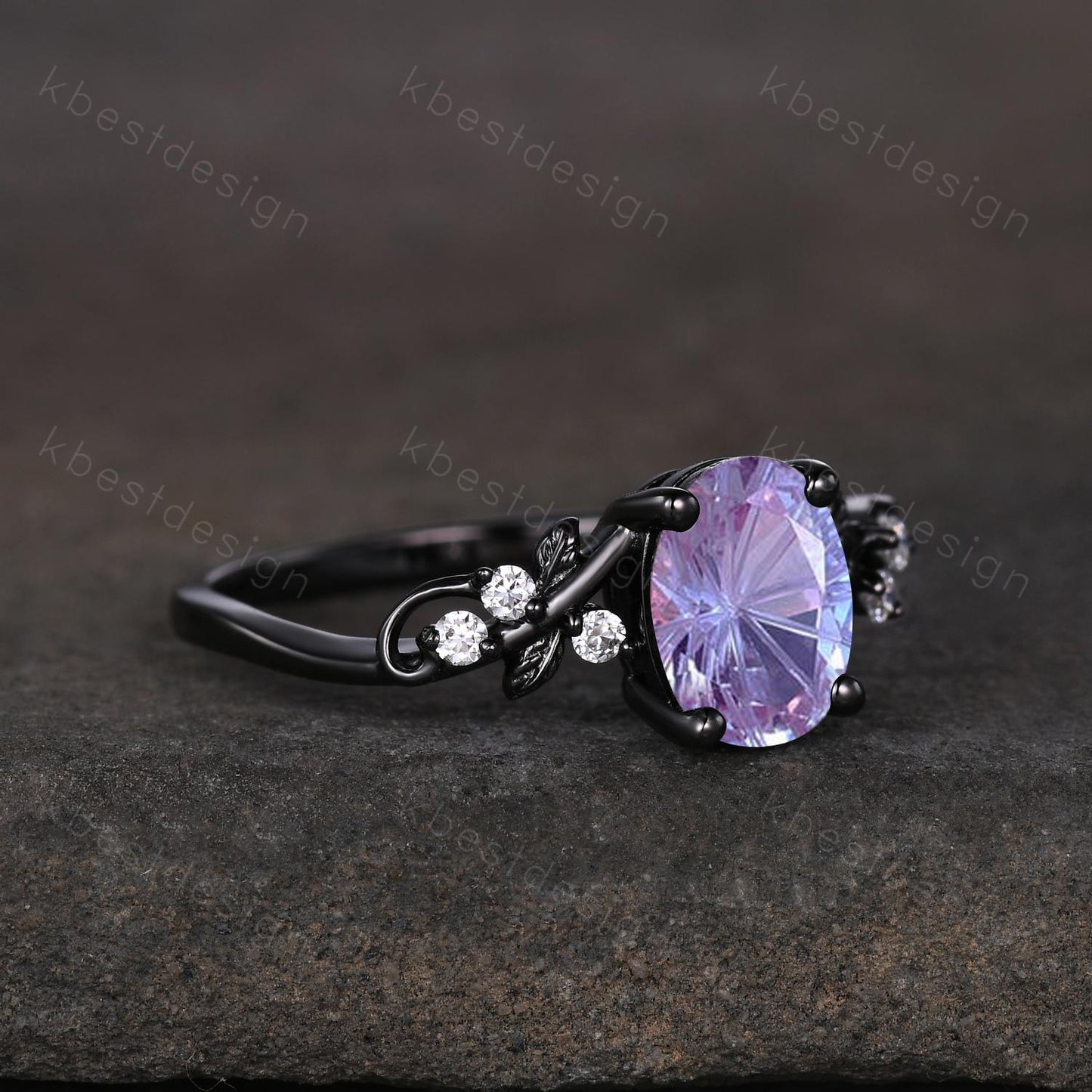Firework cut alexandrite engagement ring black gold twig leaf moissanite ring oval cut bridal ring unique alexandrite promise ring for her
