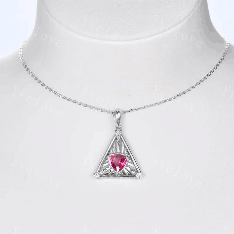 Gothic trillion shape red ruby pendant white gold necklace unique triangle cut ruby engagement necklace wedding necklace July birthday gift