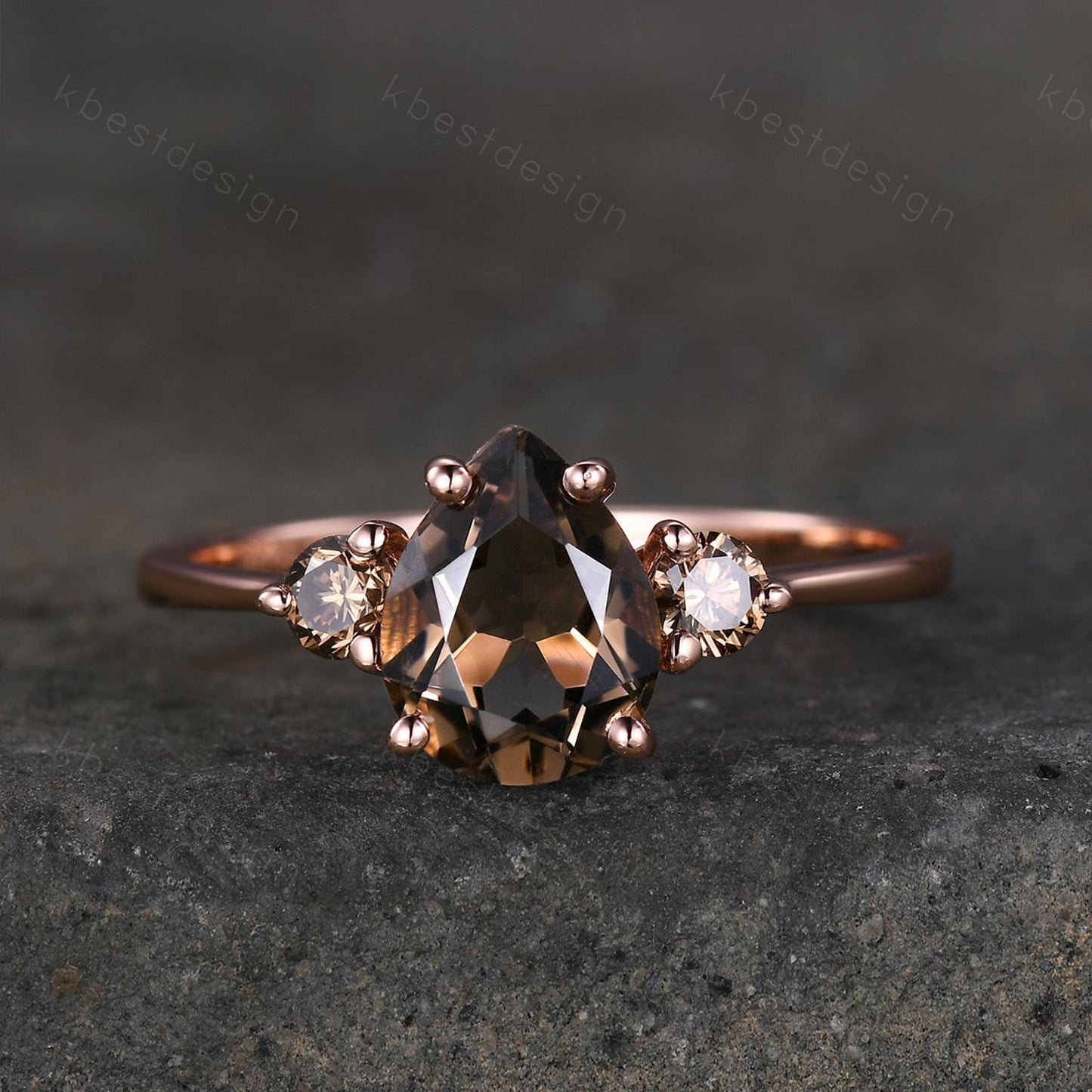 Pear shaped smoky quartz Engagement Ring Rose Gold three stone engagement ring Vintage champagne Diamond Wedding ring Bridal promise ring