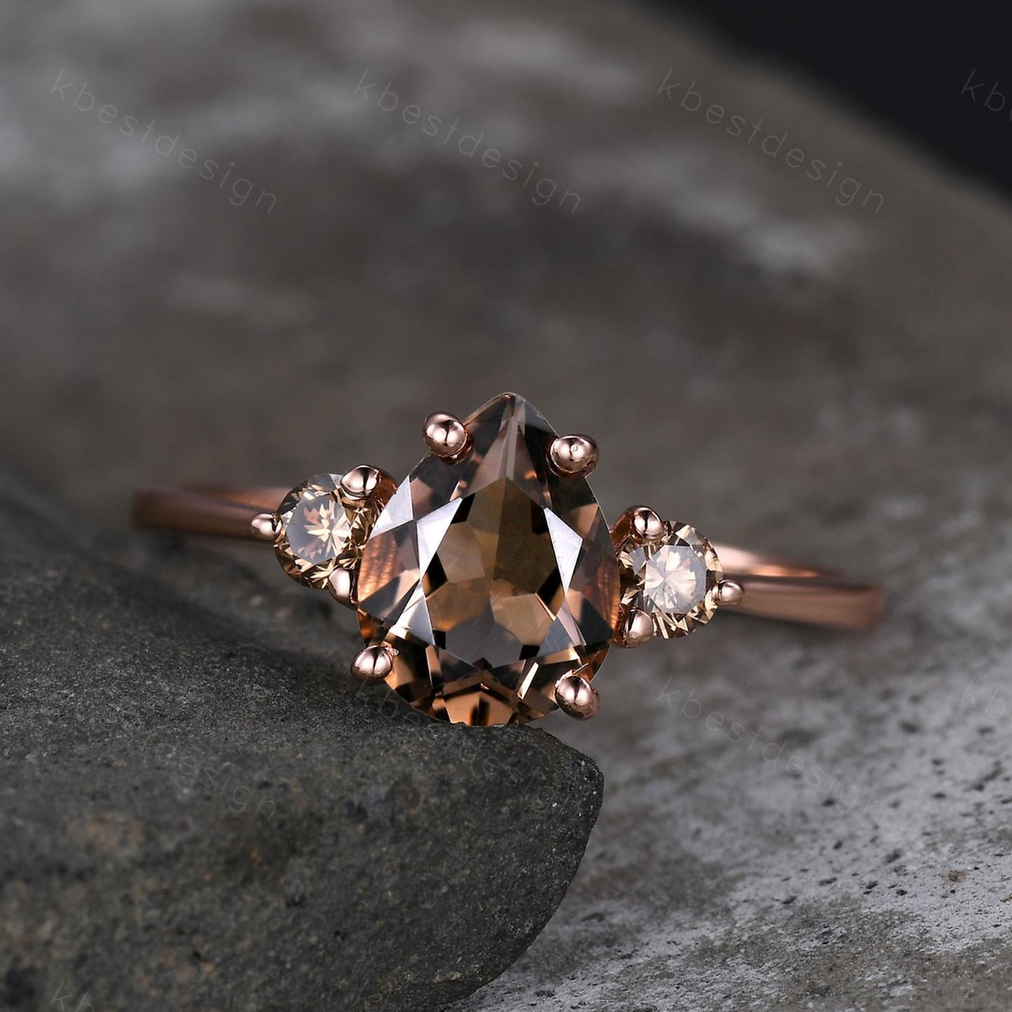 Pear shaped smoky quartz Engagement Ring Rose Gold three stone engagement ring Vintage champagne Diamond Wedding ring Bridal promise ring