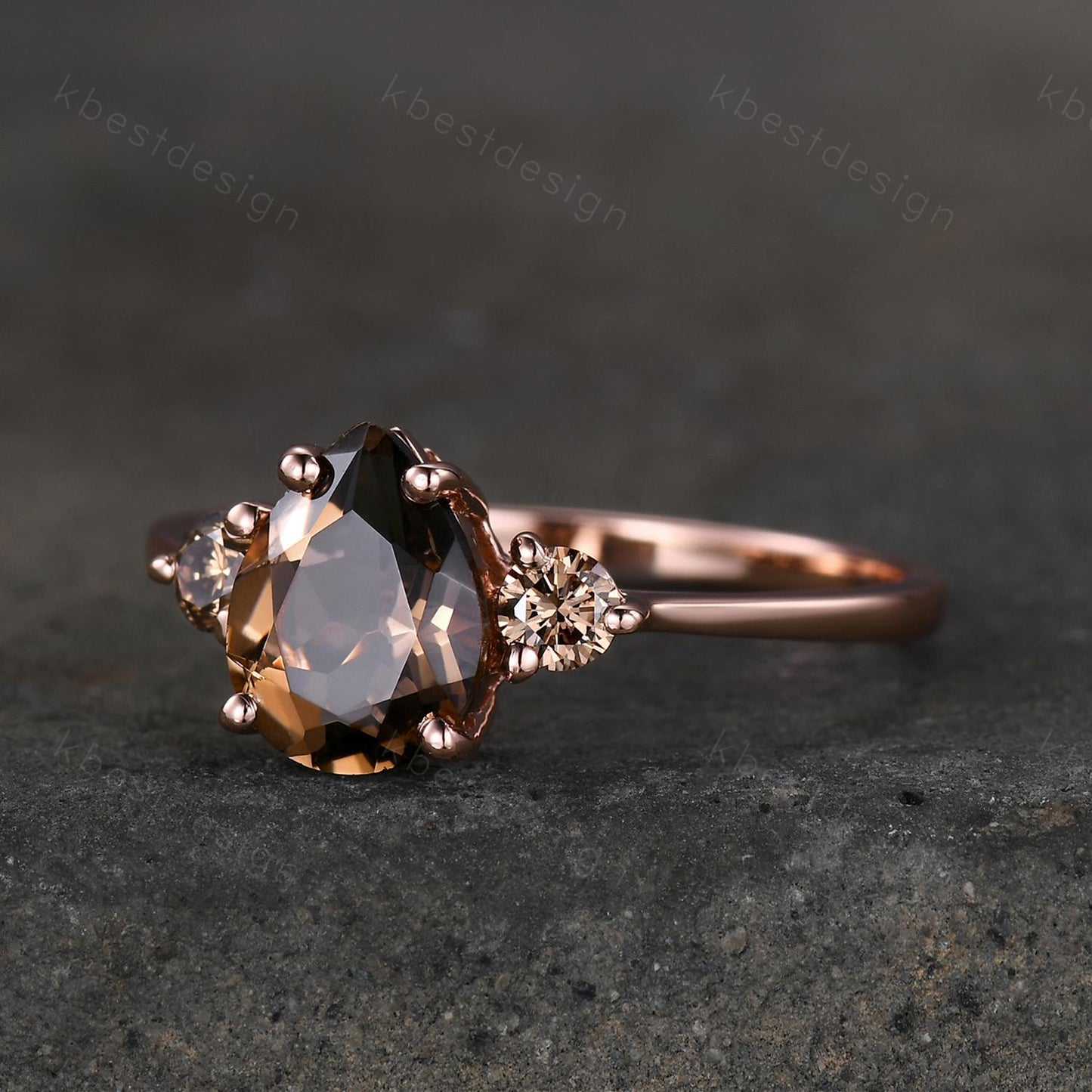Pear shaped smoky quartz Engagement Ring Rose Gold three stone engagement ring Vintage champagne Diamond Wedding ring Bridal promise ring