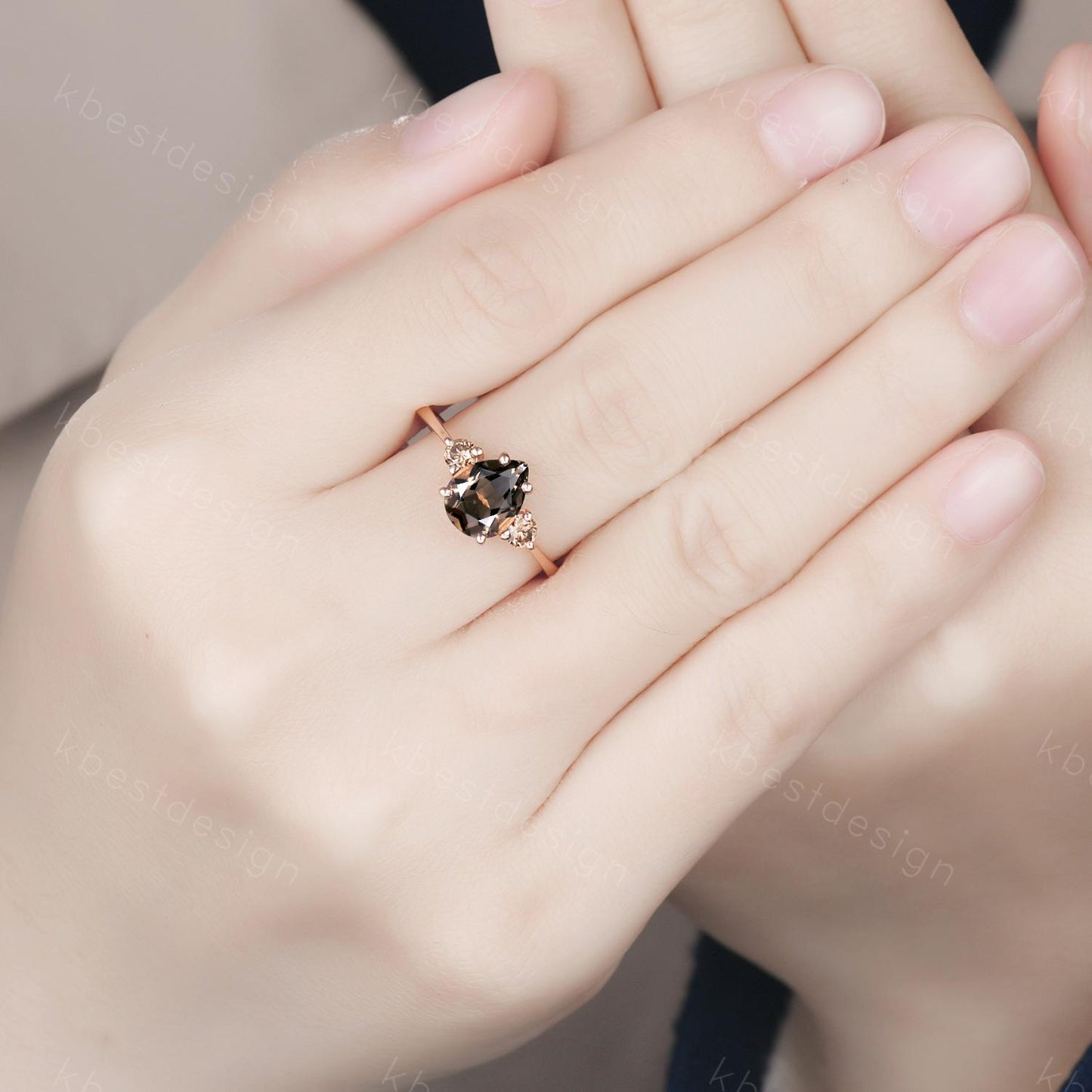 Pear shaped smoky quartz Engagement Ring Rose Gold three stone engagement ring Vintage champagne Diamond Wedding ring Bridal promise ring