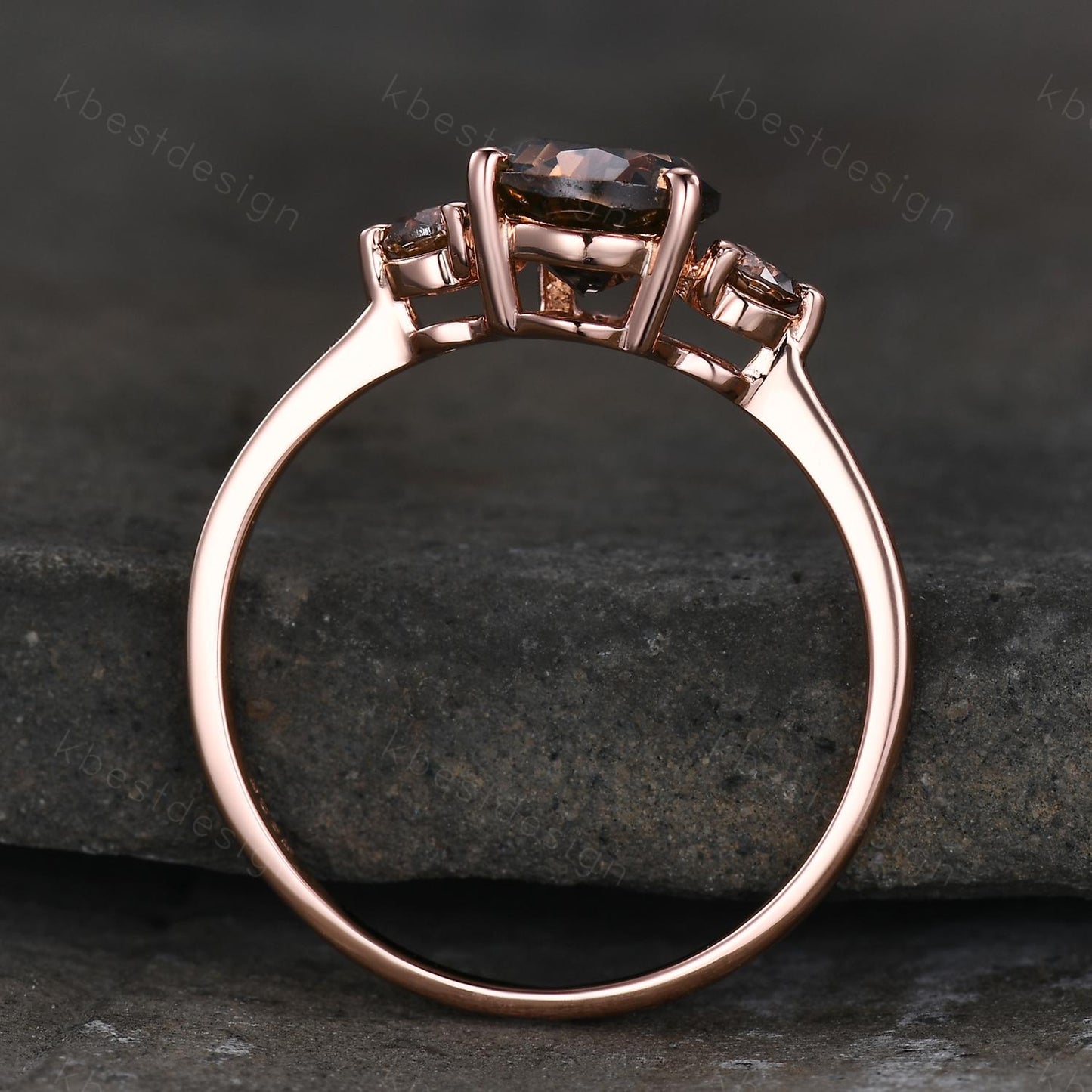 Pear shaped smoky quartz Engagement Ring Rose Gold three stone engagement ring Vintage champagne Diamond Wedding ring Bridal promise ring