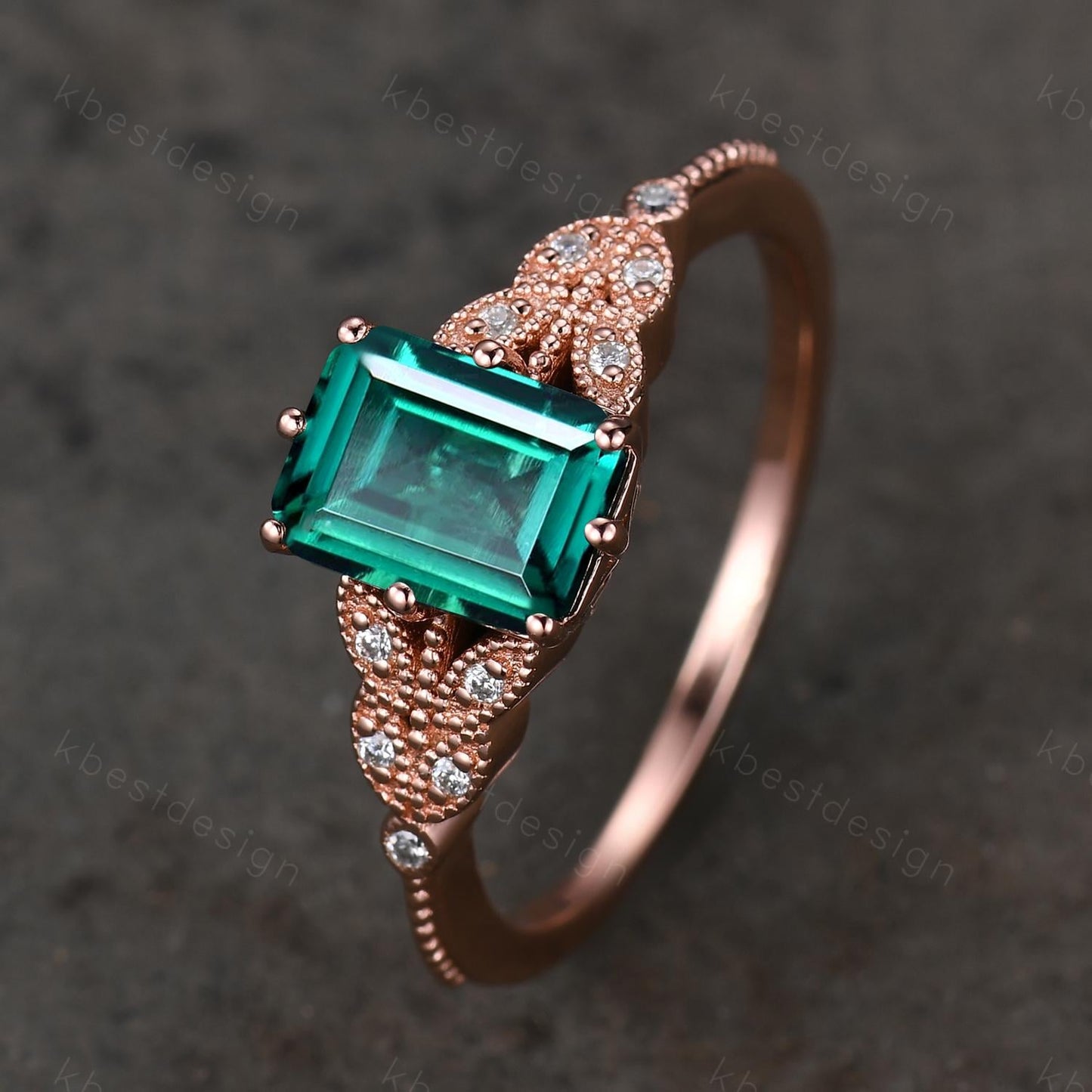 Emerald cut green emerald engagement ring rose gold art deco moissanite wedding ring butterfly style ring Emerald bridal promise ring