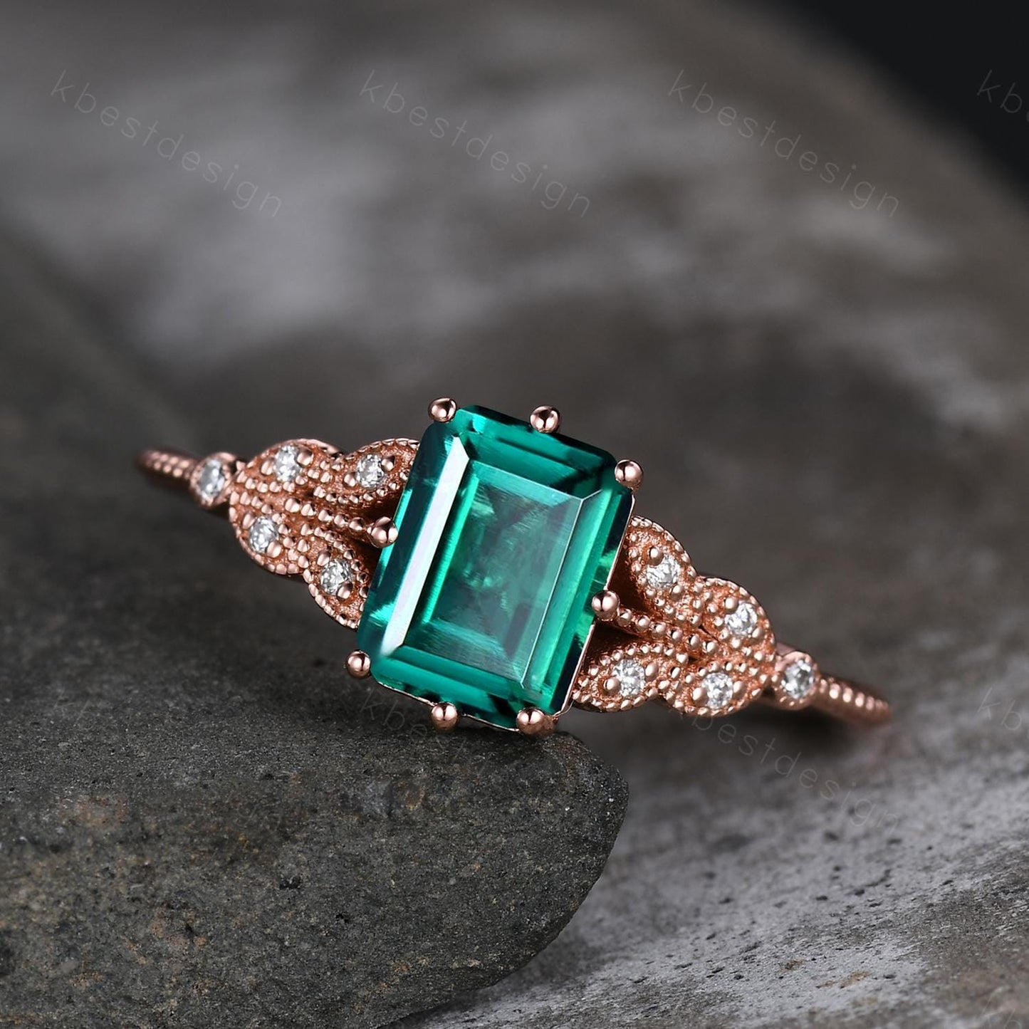 Emerald cut green emerald engagement ring rose gold art deco moissanite wedding ring butterfly style ring Emerald bridal promise ring