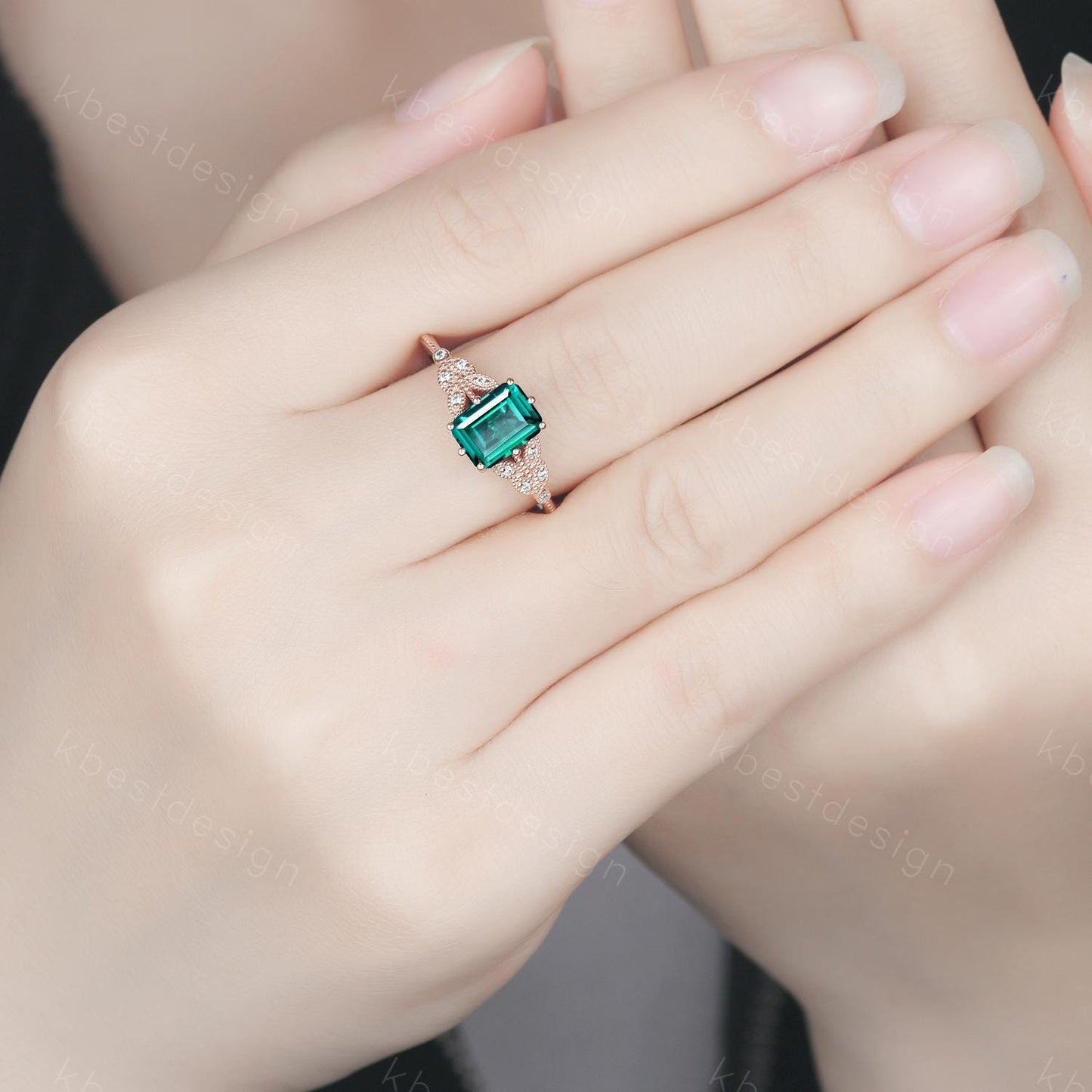 Emerald cut green emerald engagement ring rose gold art deco moissanite wedding ring butterfly style ring Emerald bridal promise ring