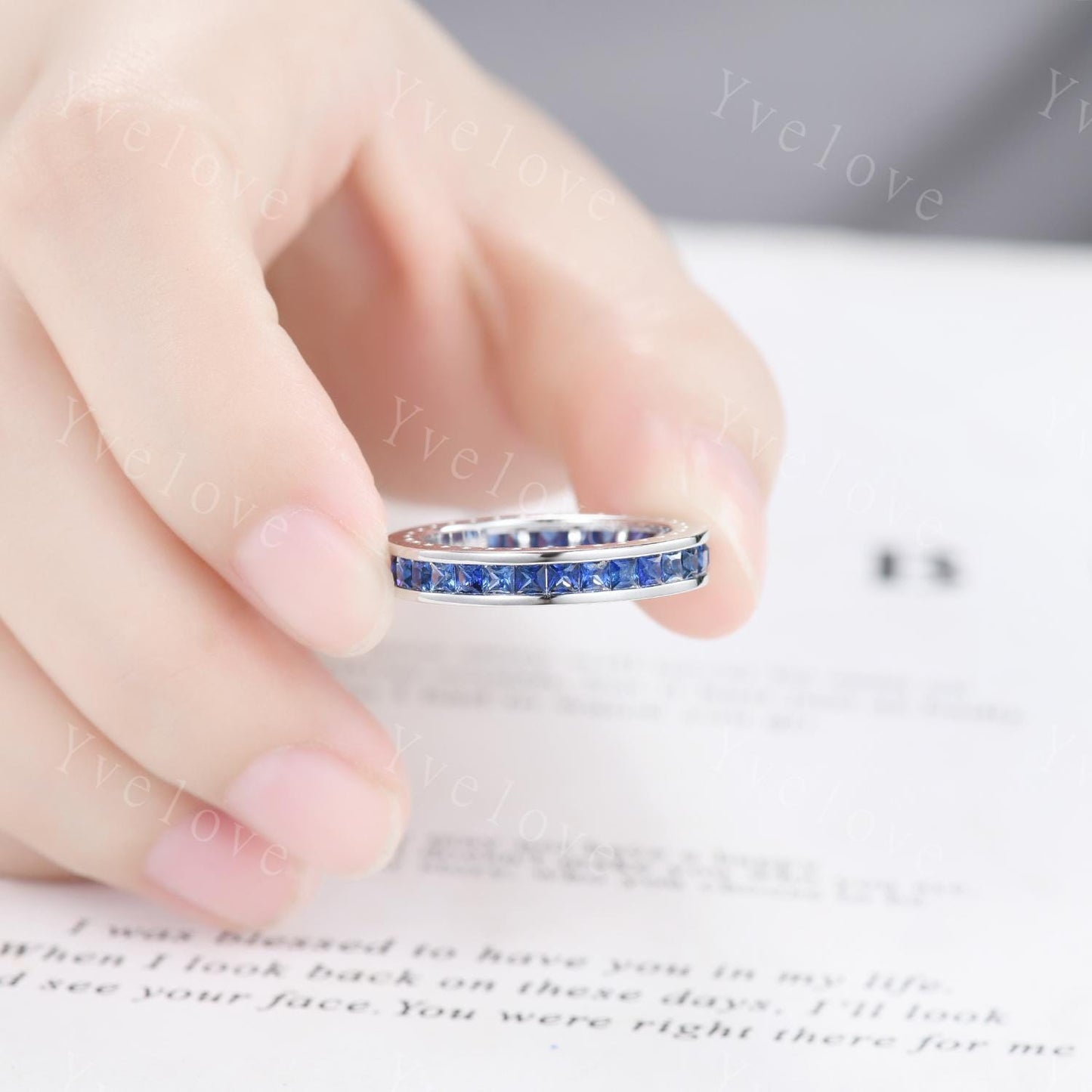 Mens Natural Blue Sapphire Wedding Band White Gold Princess Cut Blue Sapphire Ring Full Eternity Ring Anniversary Ring For Men Handmade Gift
