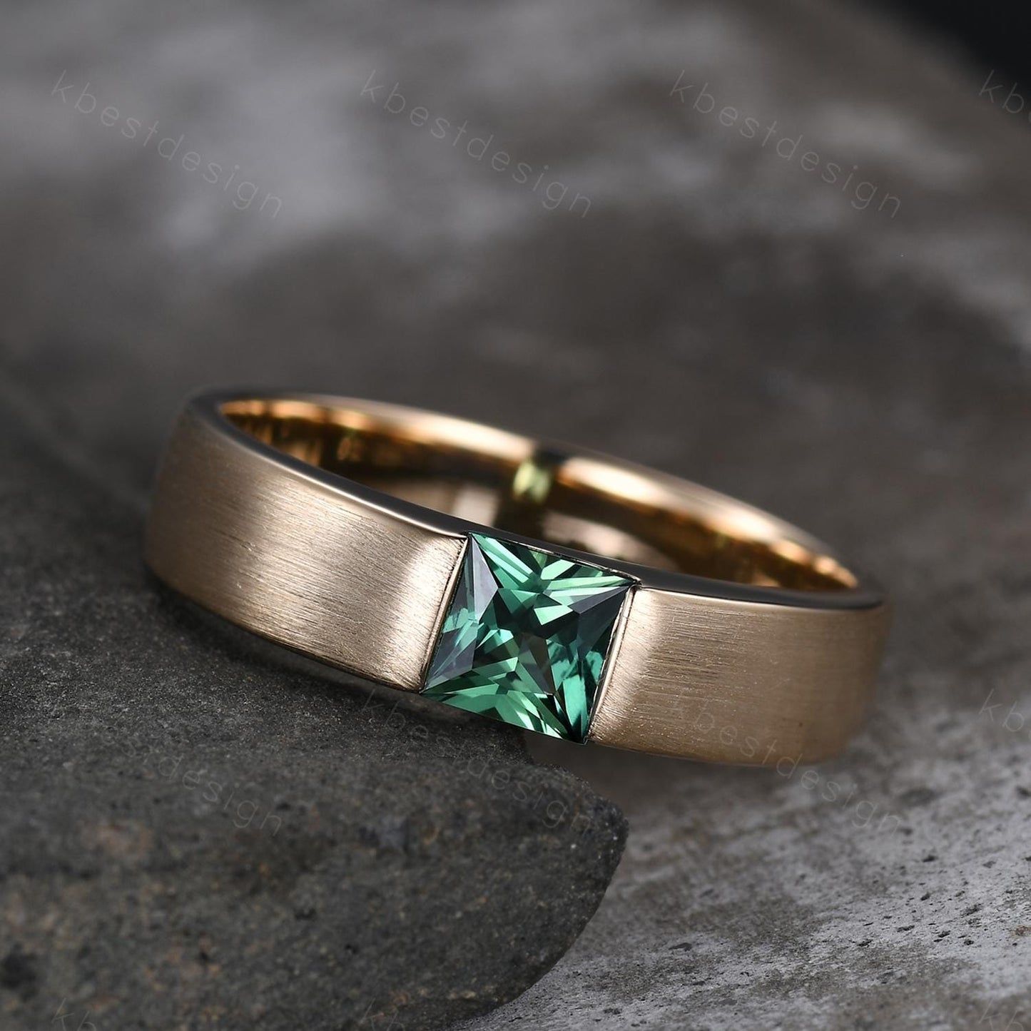 Mens Green Sapphire Wedding Band 14K Solid Gold Ring Princess Cut Teal Sapphire Mens Wedding Band Brush Finished Ring His Wedding Band