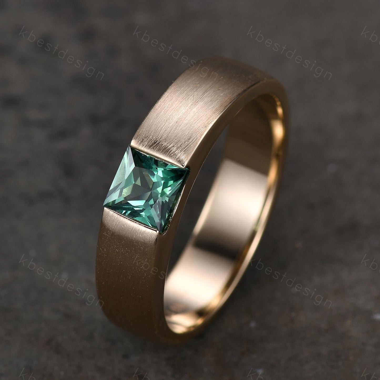 Mens Green Sapphire Wedding Band 14K Solid Gold Ring Princess Cut Teal Sapphire Mens Wedding Band Brush Finished Ring His Wedding Band