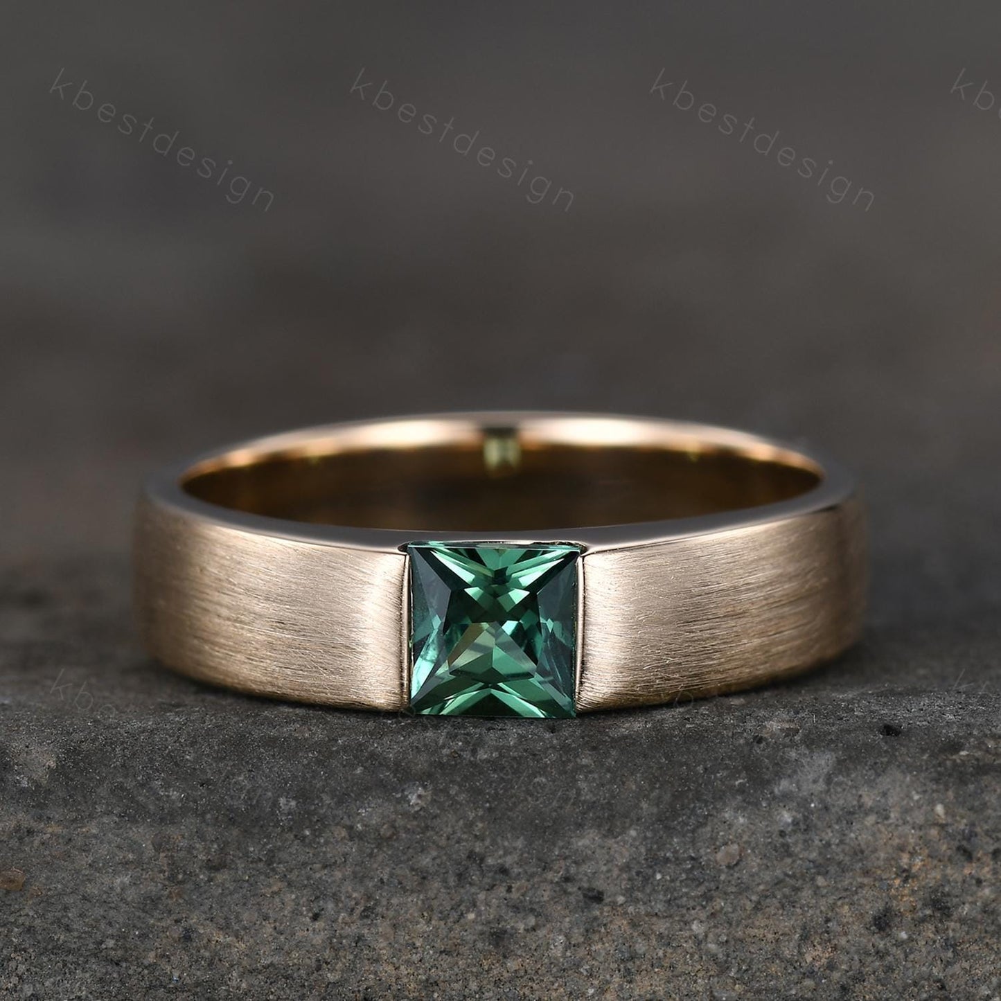 Mens Green Sapphire Wedding Band 14K Solid Gold Ring Princess Cut Teal Sapphire Mens Wedding Band Brush Finished Ring His Wedding Band