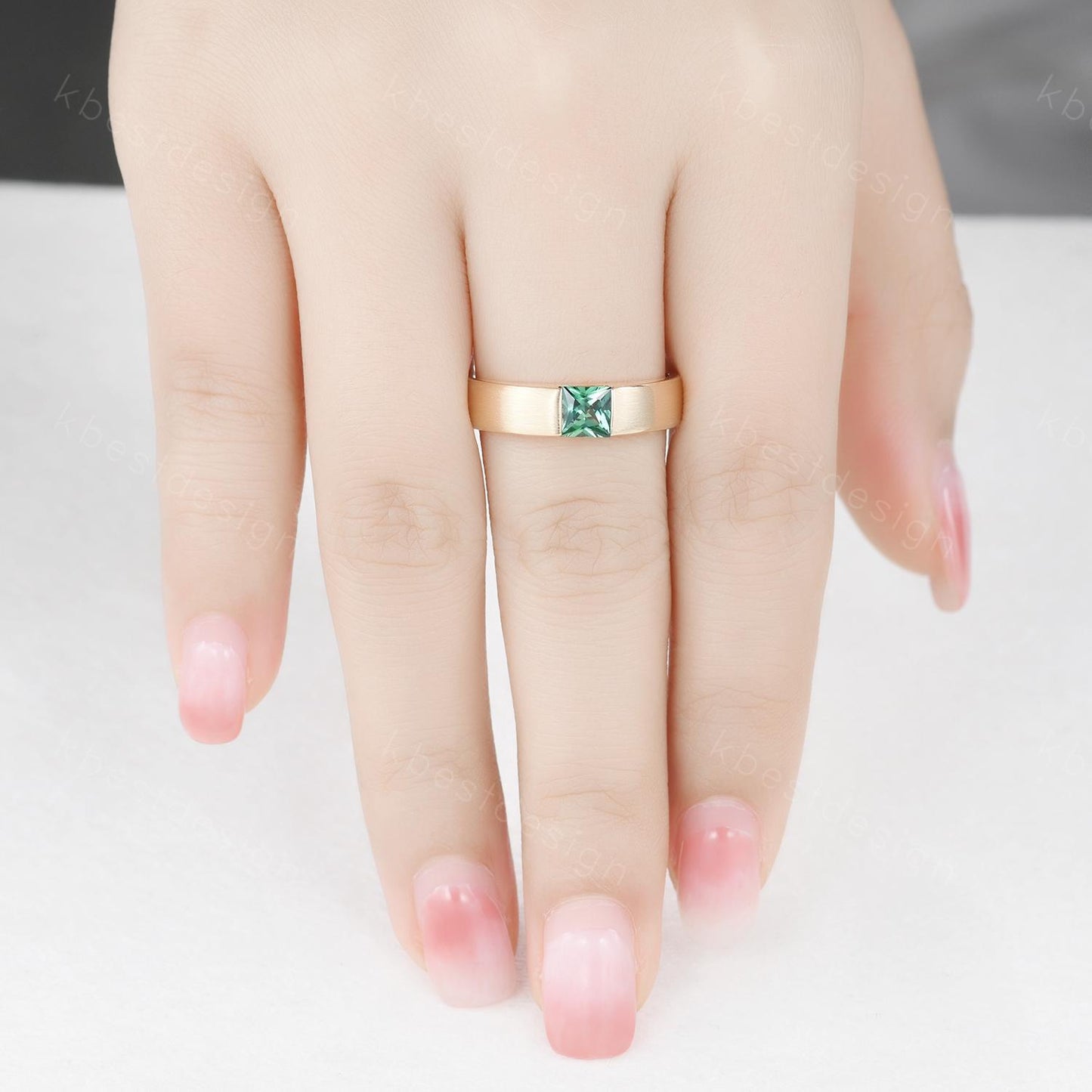 Mens Green Sapphire Wedding Band 14K Solid Gold Ring Princess Cut Teal Sapphire Mens Wedding Band Brush Finished Ring His Wedding Band