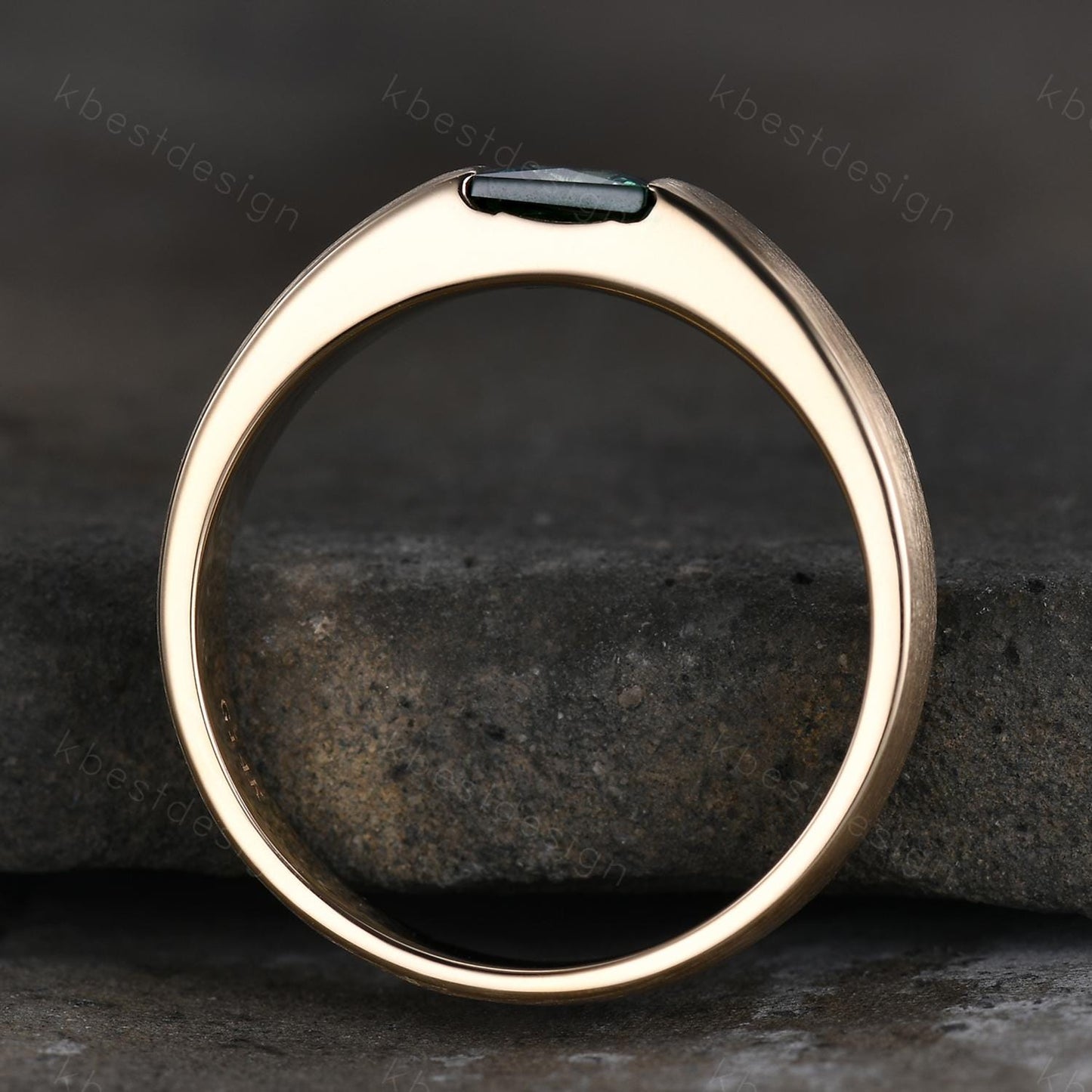 Mens Green Sapphire Wedding Band 14K Solid Gold Ring Princess Cut Teal Sapphire Mens Wedding Band Brush Finished Ring His Wedding Band