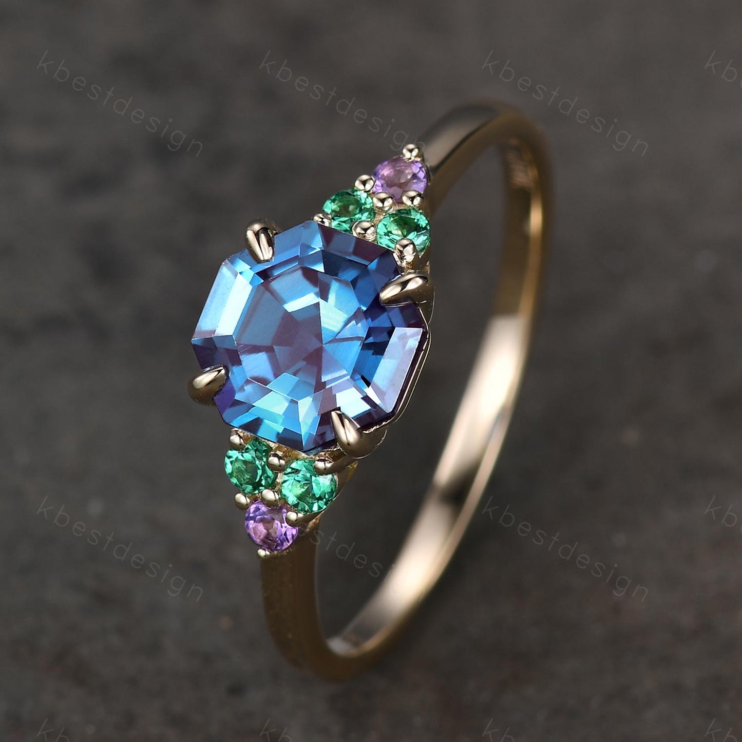 Vintage octagon cut Alexandrite engagement ring solid 14k gold ring emerald cluster ring unique wedding ring women anniversary ring gift