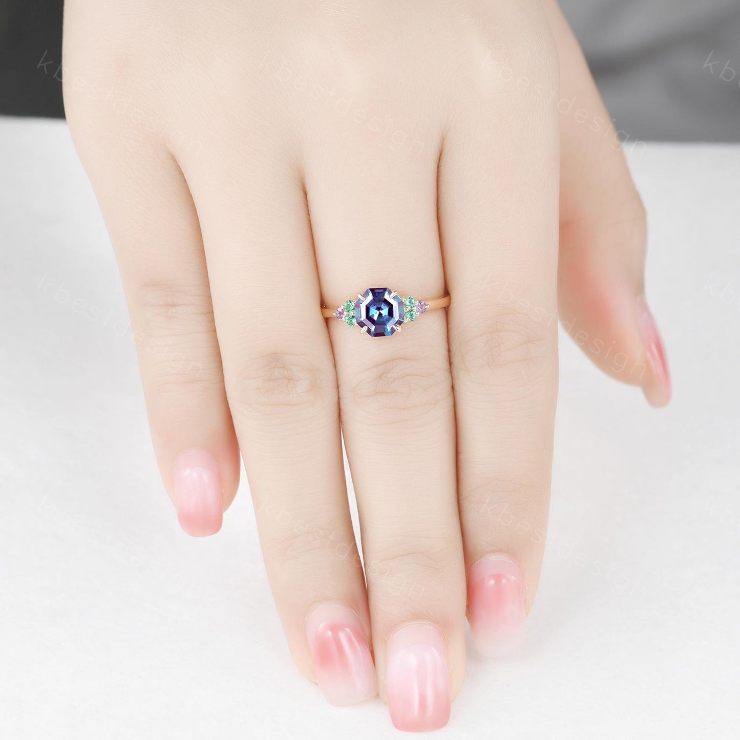 Vintage octagon cut Alexandrite engagement ring solid 14k gold ring emerald cluster ring unique wedding ring women anniversary ring gift