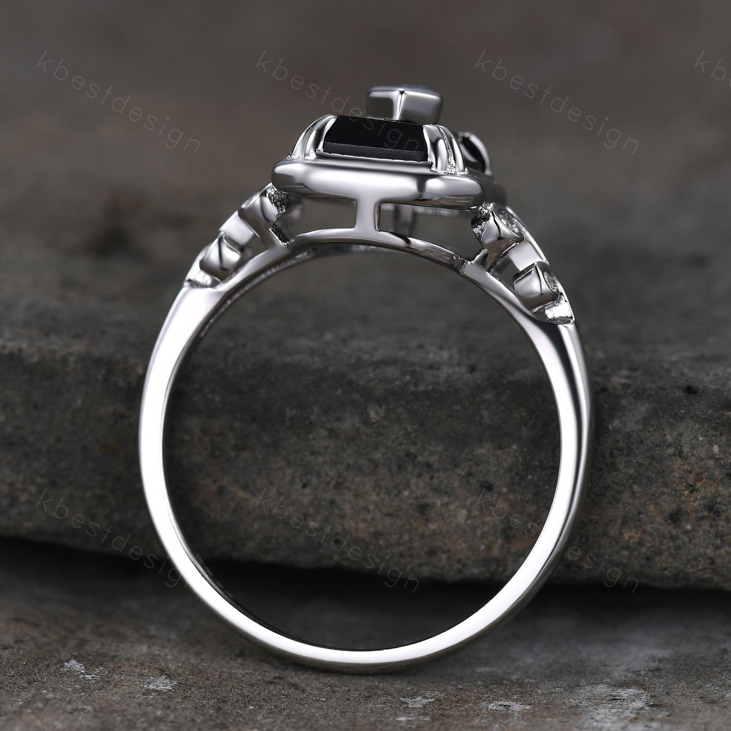 Vintage Black Onyx engagement ring antique kite cut moss agate ring Twig Emerald cut bridal promise ring Gemstone ring for women gift