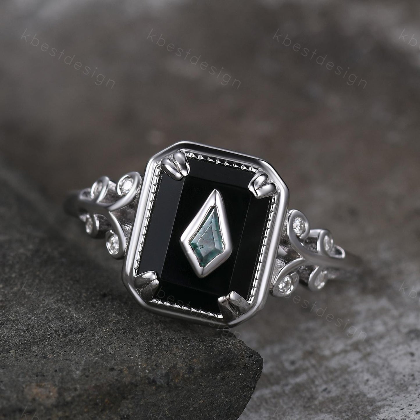 Vintage Black Onyx engagement ring antique kite cut moss agate ring Twig Emerald cut bridal promise ring Gemstone ring for women gift