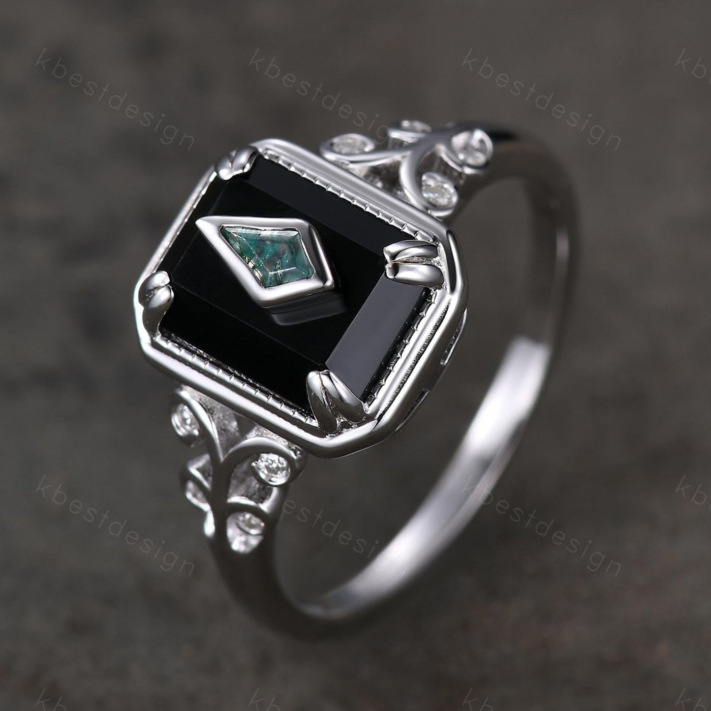 Vintage Black Onyx engagement ring antique kite cut moss agate ring Twig Emerald cut bridal promise ring Gemstone ring for women gift