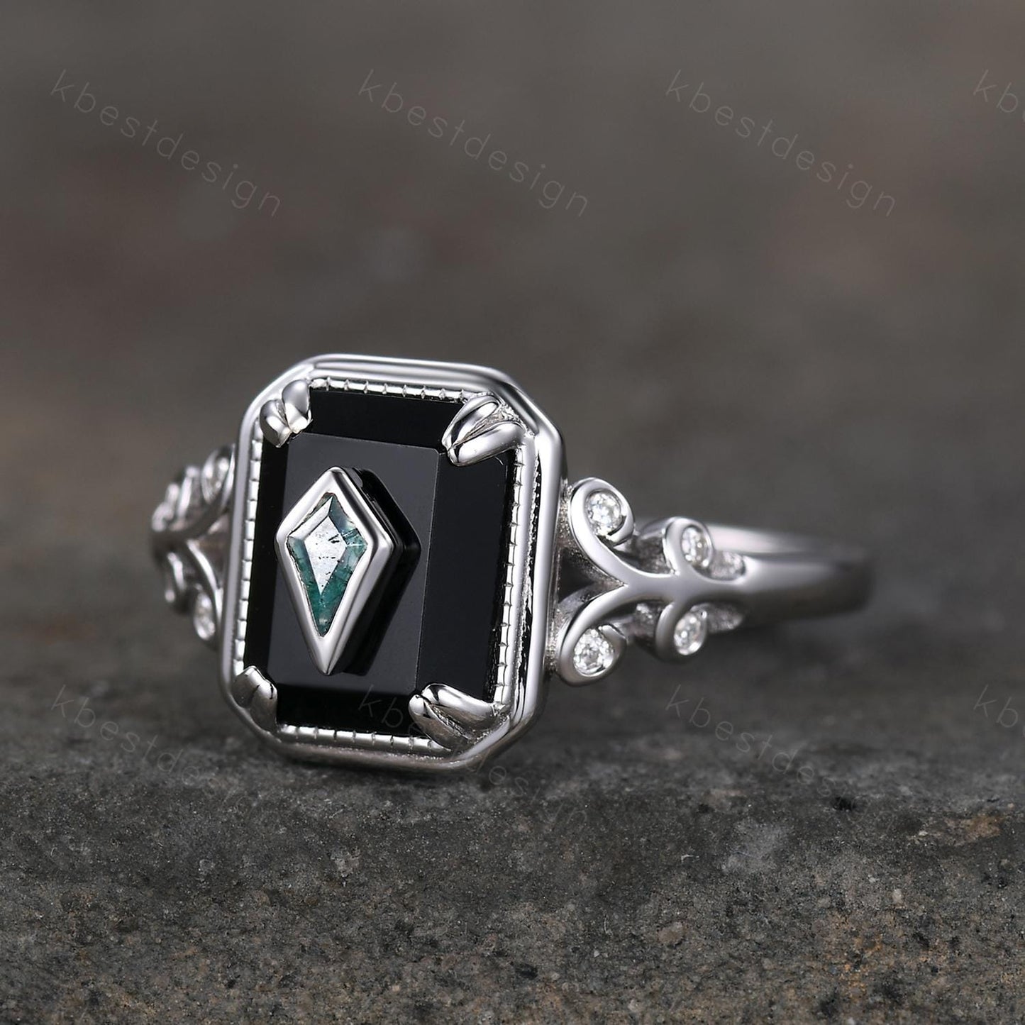 Vintage Black Onyx engagement ring antique kite cut moss agate ring Twig Emerald cut bridal promise ring Gemstone ring for women gift