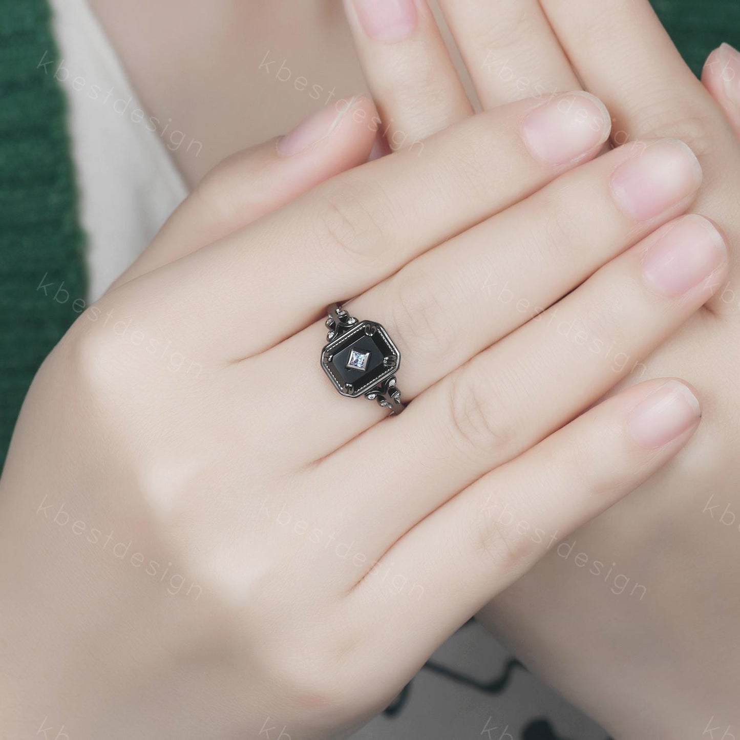 Emerald Cut Black Onyx engagement ring Antique Black Gold Ring For Women Art Deco Alexandrite Gemstone Ring Vintage Bridal Statement Ring