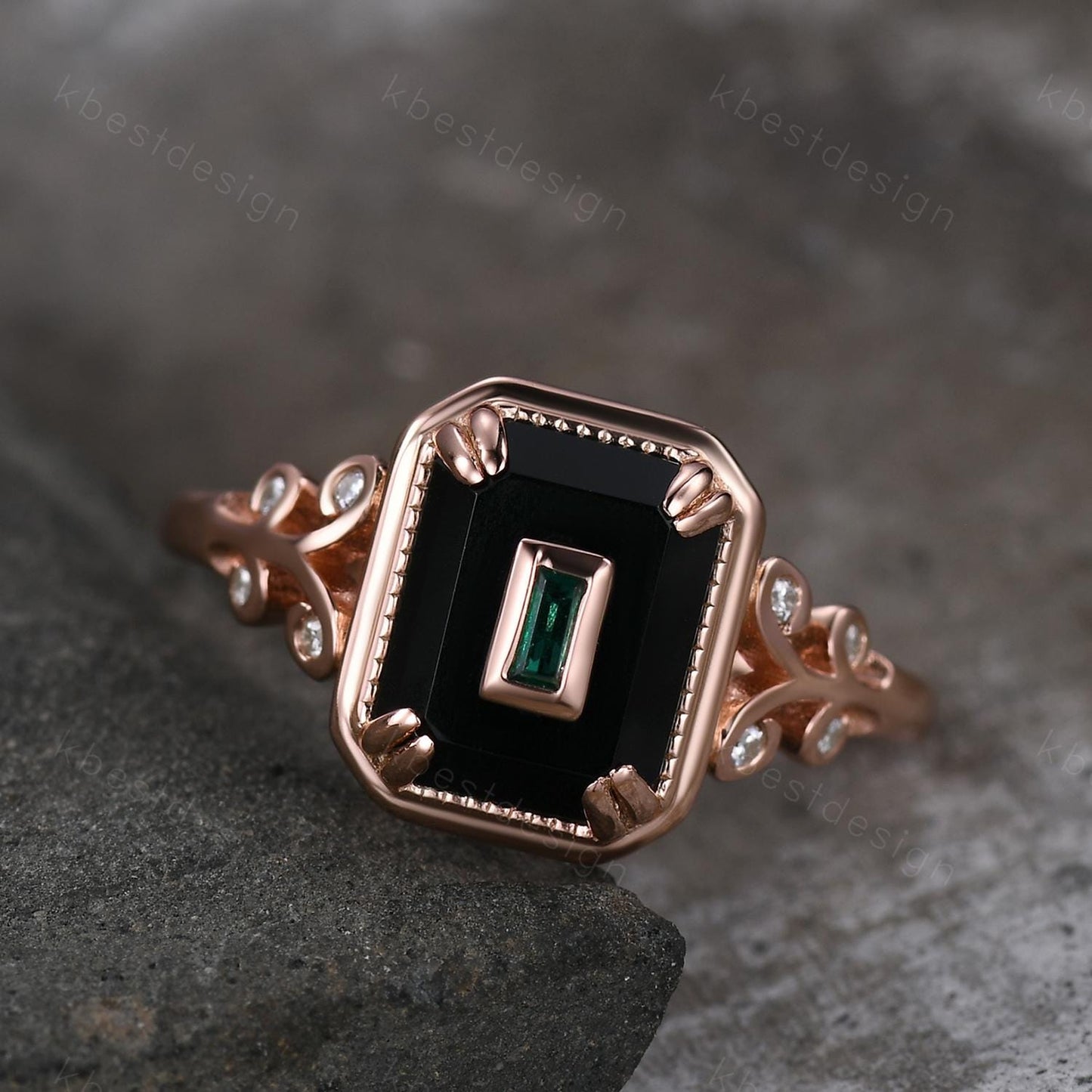 Emerald Cut Black Onyx Engagement Ring Rose Gold Baguette Emerald Ring Antique Unique Bridal Promise Ring Art Deco Ring For Women