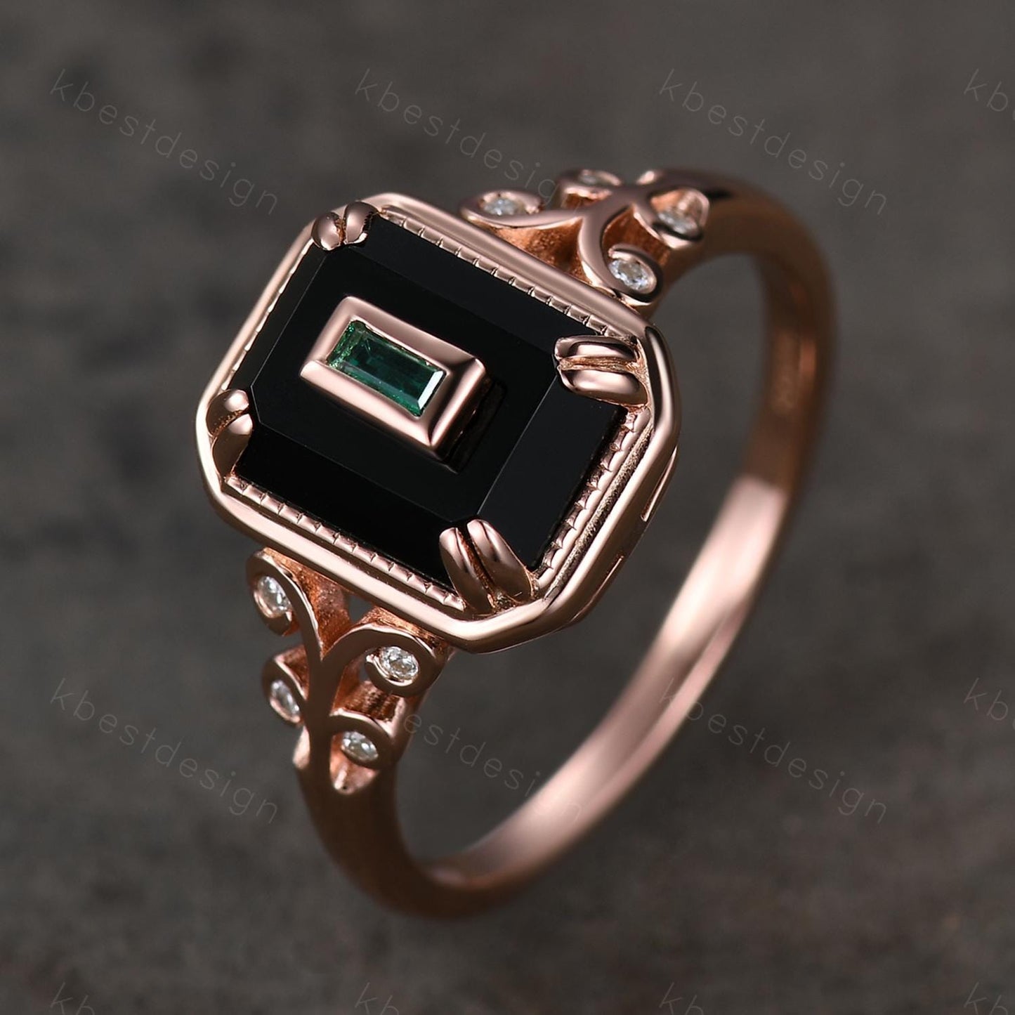 Emerald Cut Black Onyx Engagement Ring Rose Gold Baguette Emerald Ring Antique Unique Bridal Promise Ring Art Deco Ring For Women