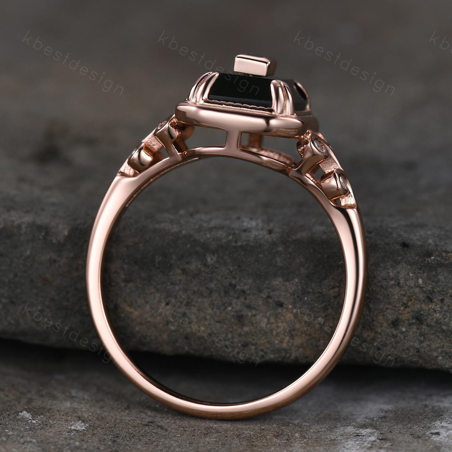 Emerald Cut Black Onyx Engagement Ring Rose Gold Baguette Emerald Ring Antique Unique Bridal Promise Ring Art Deco Ring For Women