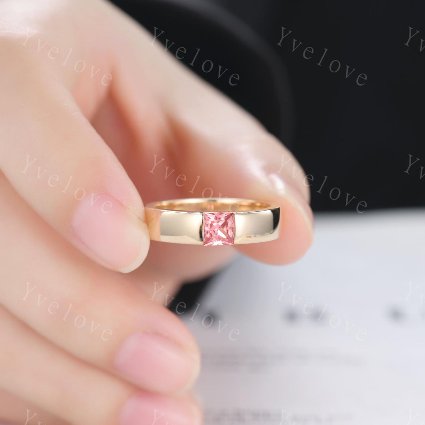 5mm Mens Papalacha Sapphire Wedding Band Princess Cut Sapphire Band 14k Gold Ring Mens Plain Band Stacking Matching Band Vintage Ring Gift