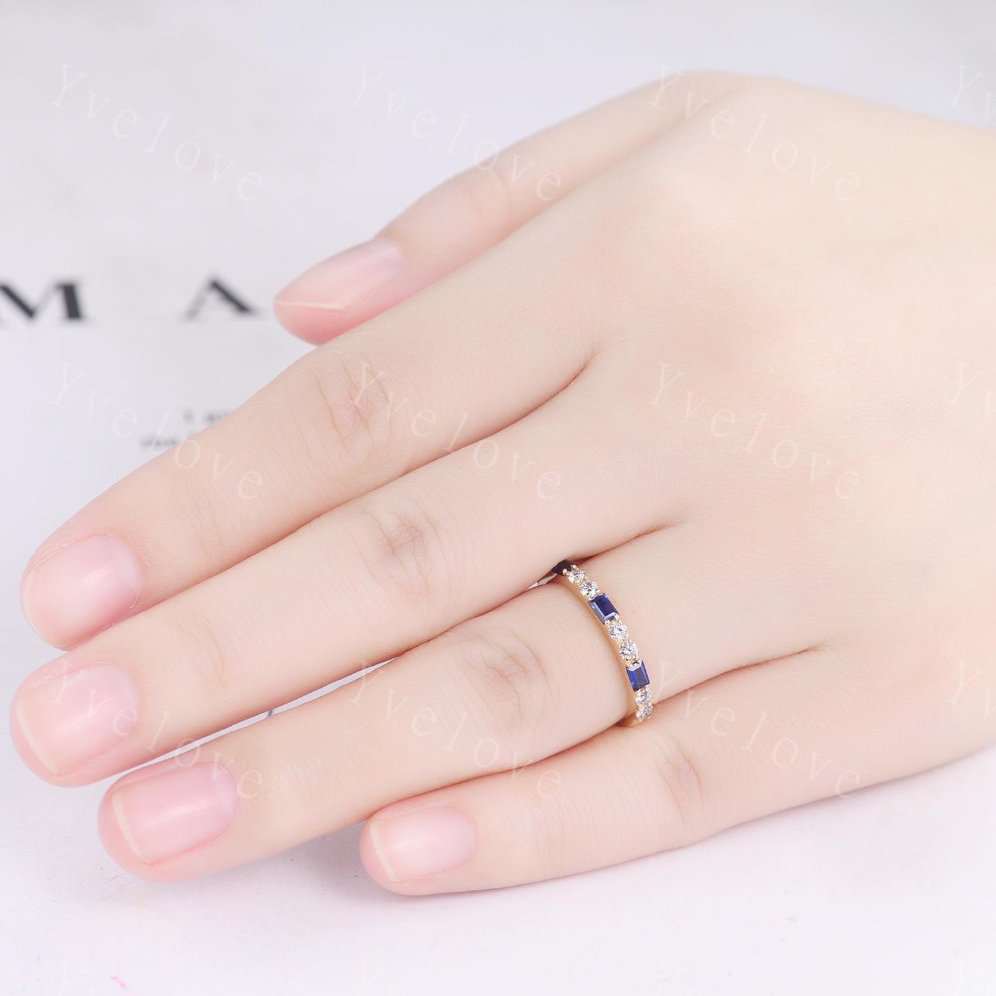 Baguette Cut Sapphire and Diamond Wedding Ring Half Eternity Band Stacking Matching Ring 14K White Gold Anniversary Gift For Her Customized