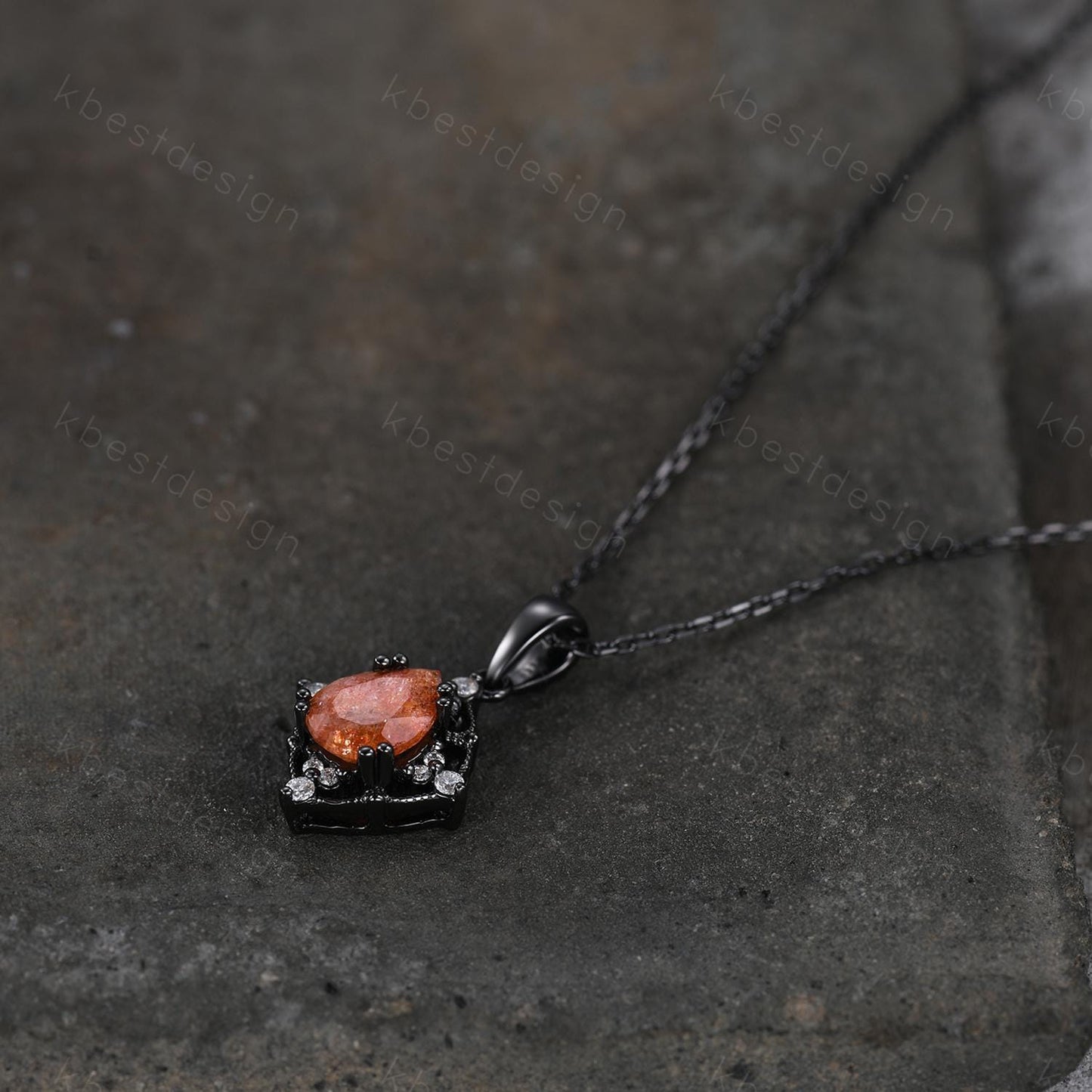 Pear cut Sunstone Necklace Antique Art Deco Moissanite Pendant Necklace Gothic Black Gold Necklace for Women Birthday/Promise Gift for Her