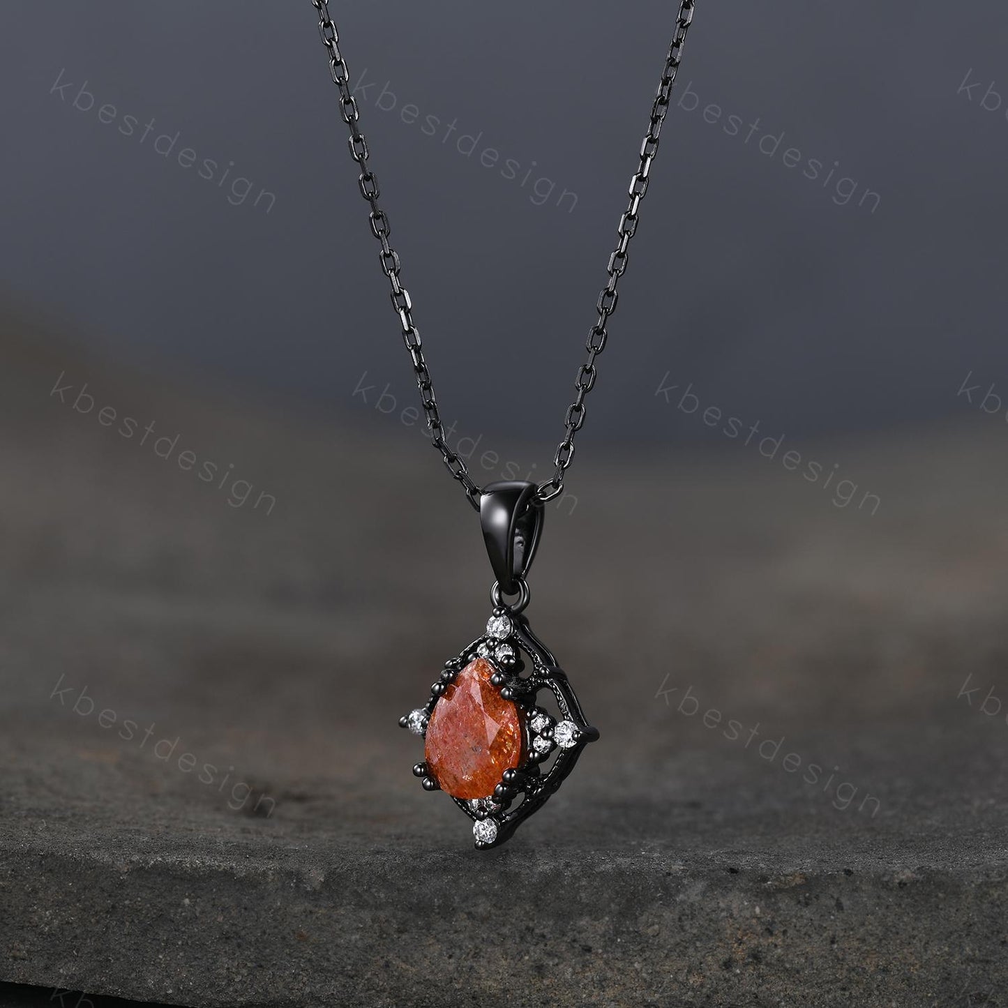 Pear cut Sunstone Necklace Antique Art Deco Moissanite Pendant Necklace Gothic Black Gold Necklace for Women Birthday/Promise Gift for Her