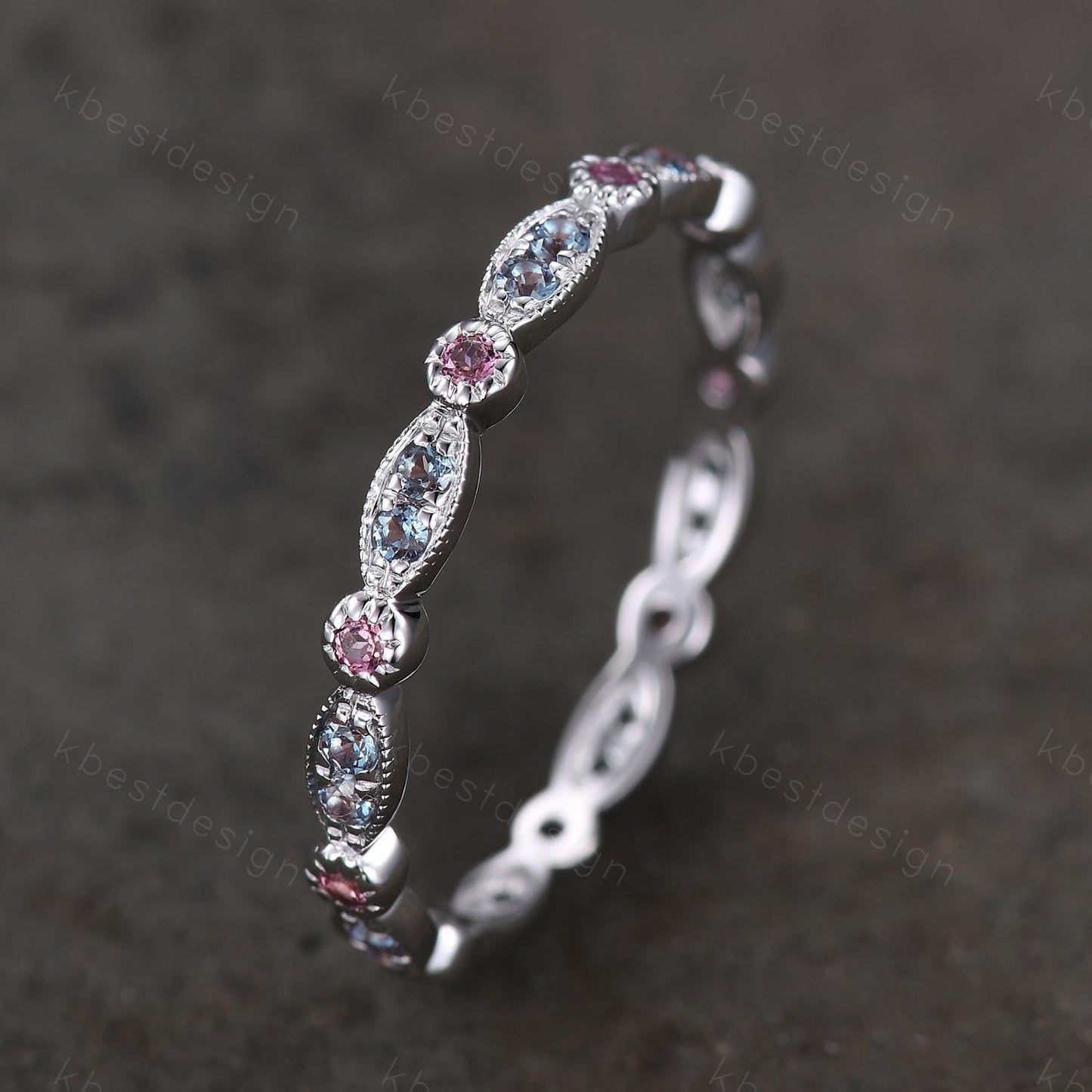 Alexandrite Tourmaline Wedding Band Art Deco Eternity Stacking Band Gemstone Band Ring Women Matching Band Promise Anniversary Ring Gift