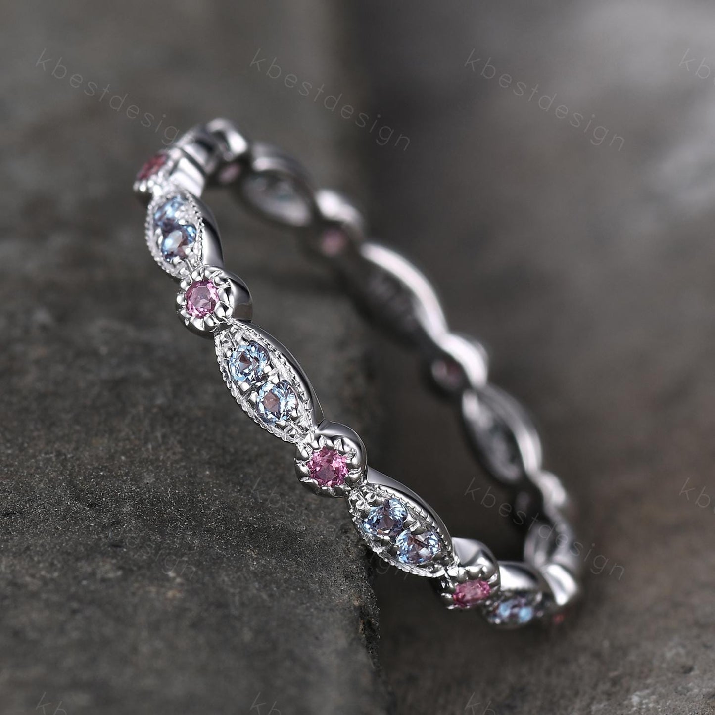 Alexandrite Tourmaline Wedding Band Art Deco Eternity Stacking Band Gemstone Band Ring Women Matching Band Promise Anniversary Ring Gift