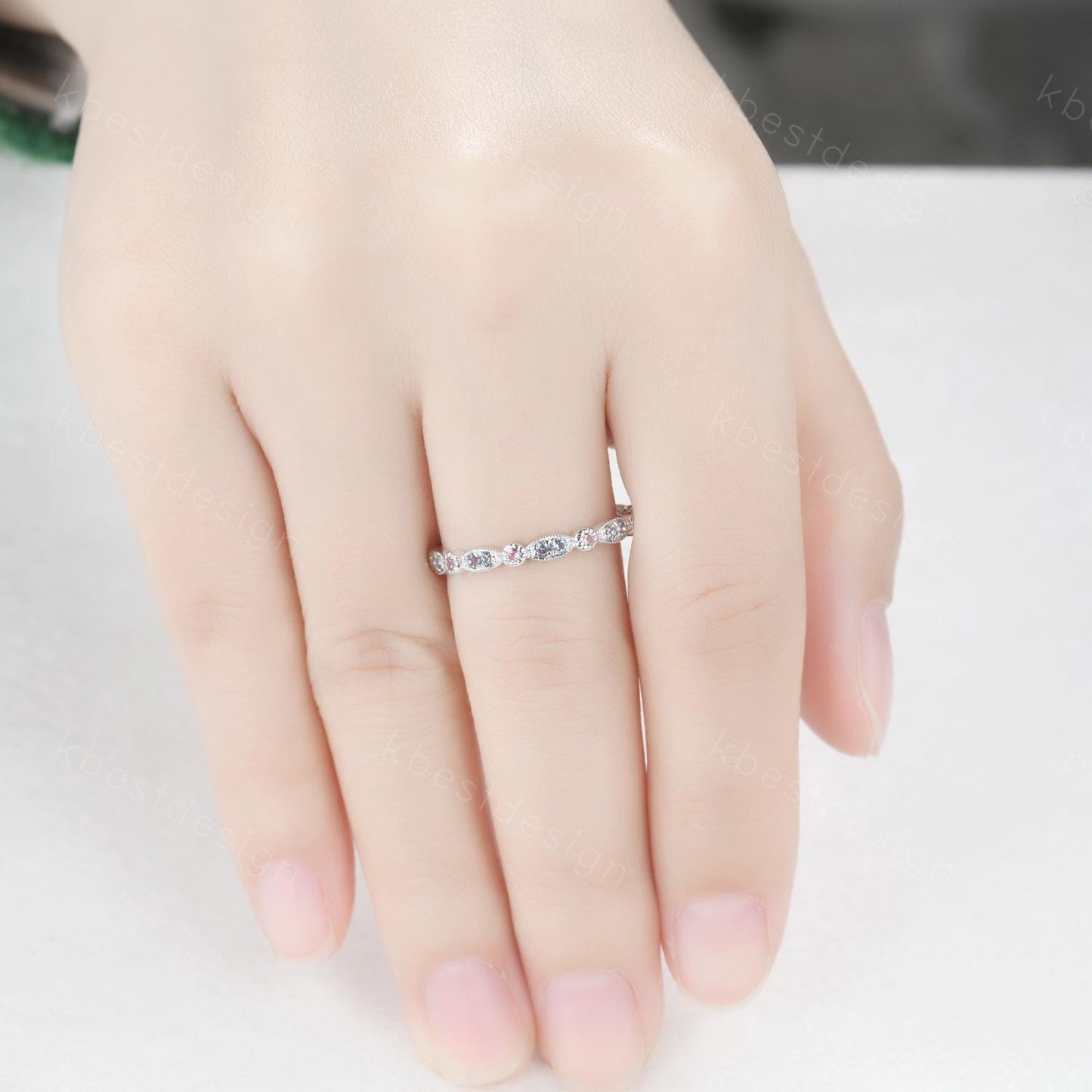 Alexandrite Tourmaline Wedding Band Art Deco Eternity Stacking Band Gemstone Band Ring Women Matching Band Promise Anniversary Ring Gift