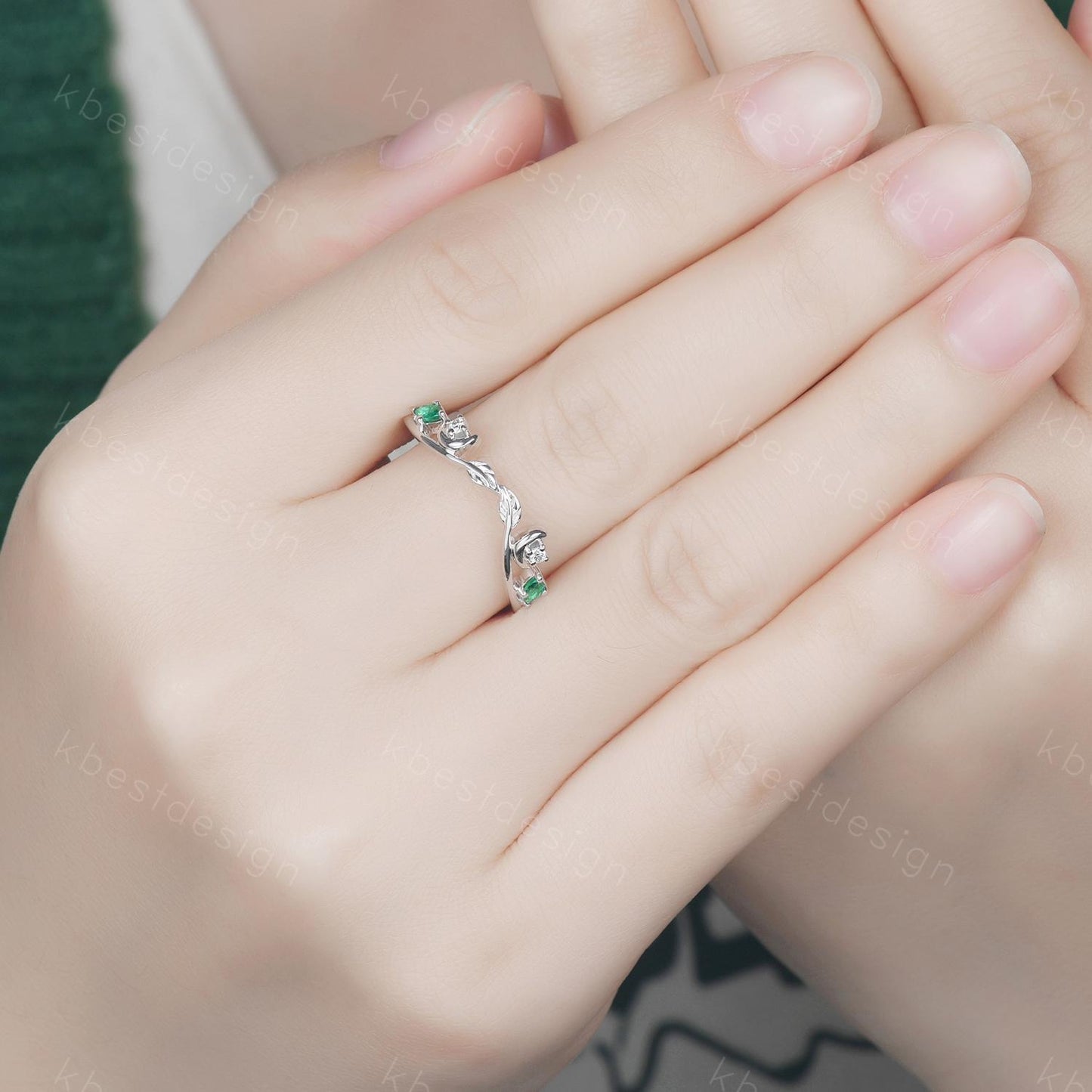 Unique Curved Moissanite Emerald Wedding Band Women Sterling Silver Ring Moon Leaf Style Stacking Matching Band Bridal Anniversary Ring