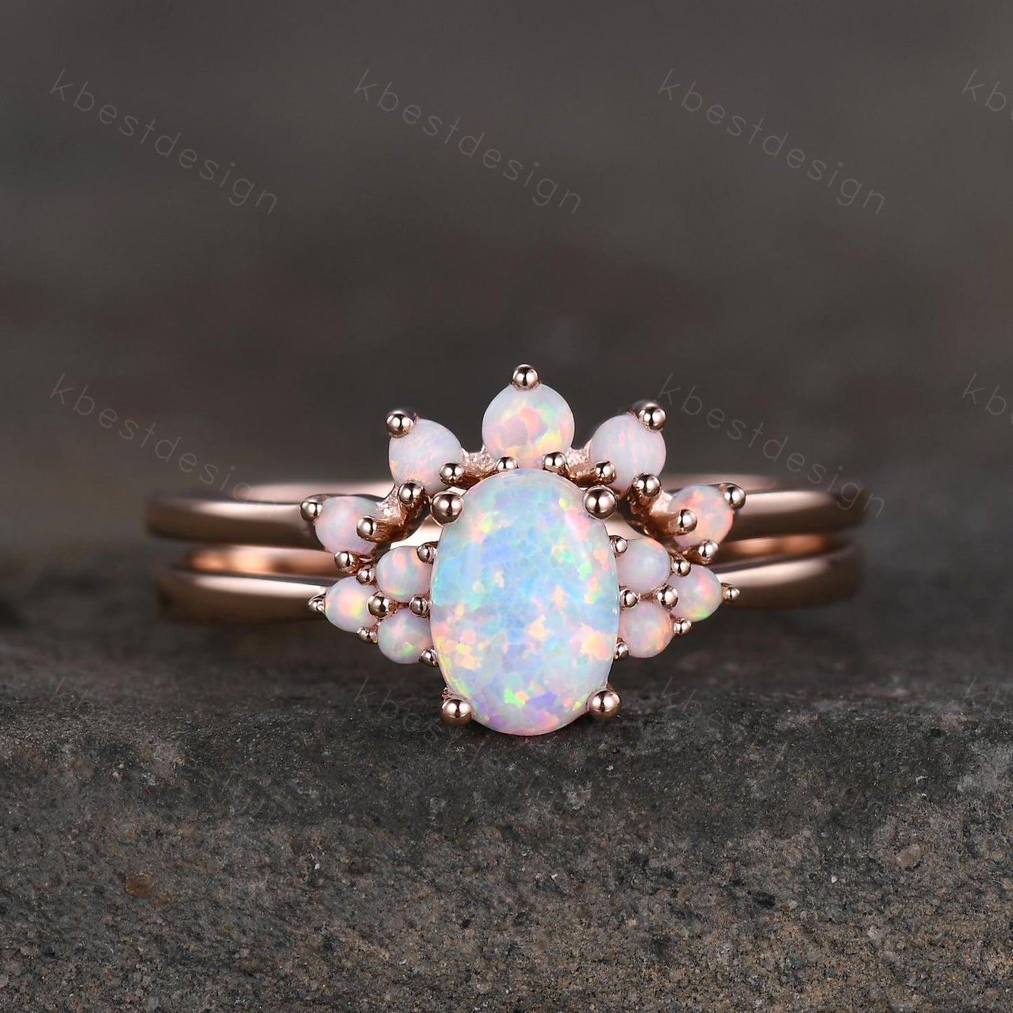 Oval shaped Opal engagement ring set rose gold opal ring vintage curved wedding ring October birthstone ring unique bridal wedding set