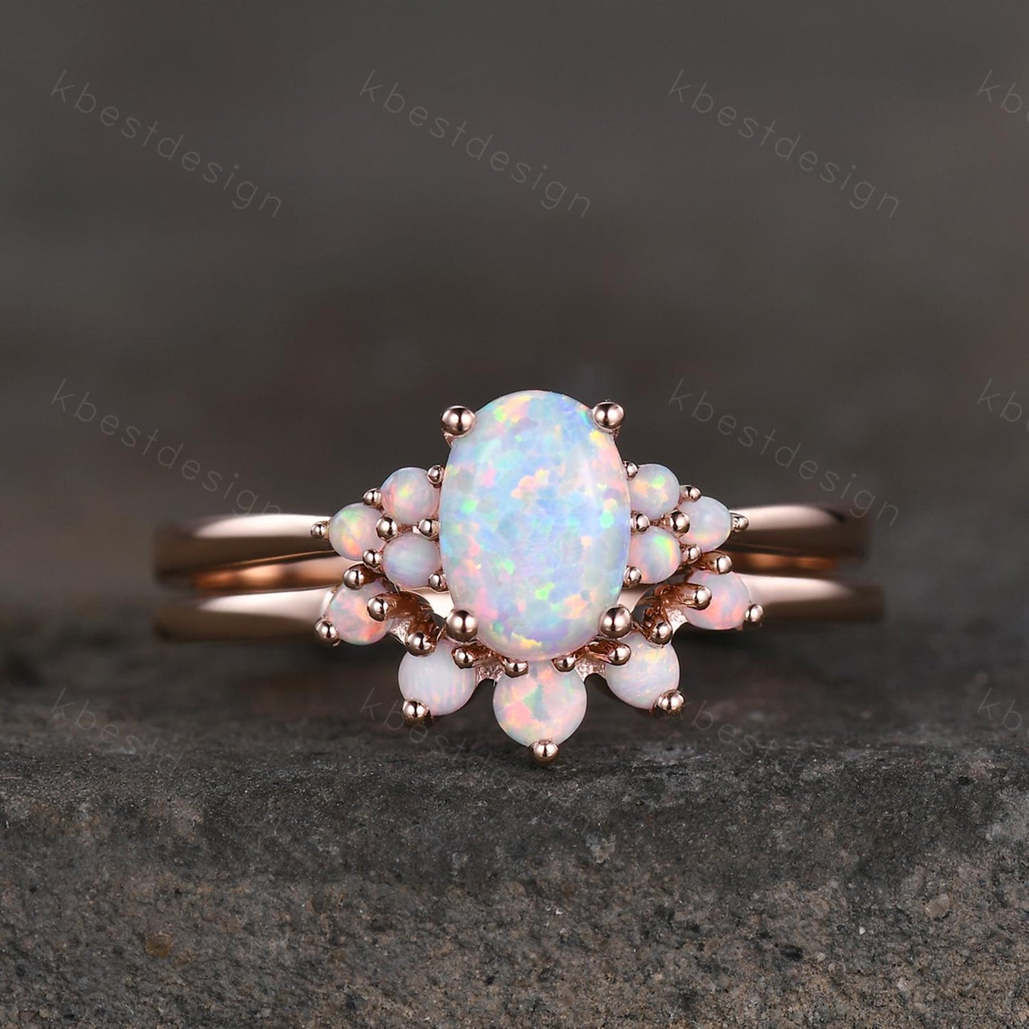 Oval shaped Opal engagement ring set rose gold opal ring vintage curved wedding ring October birthstone ring unique bridal wedding set
