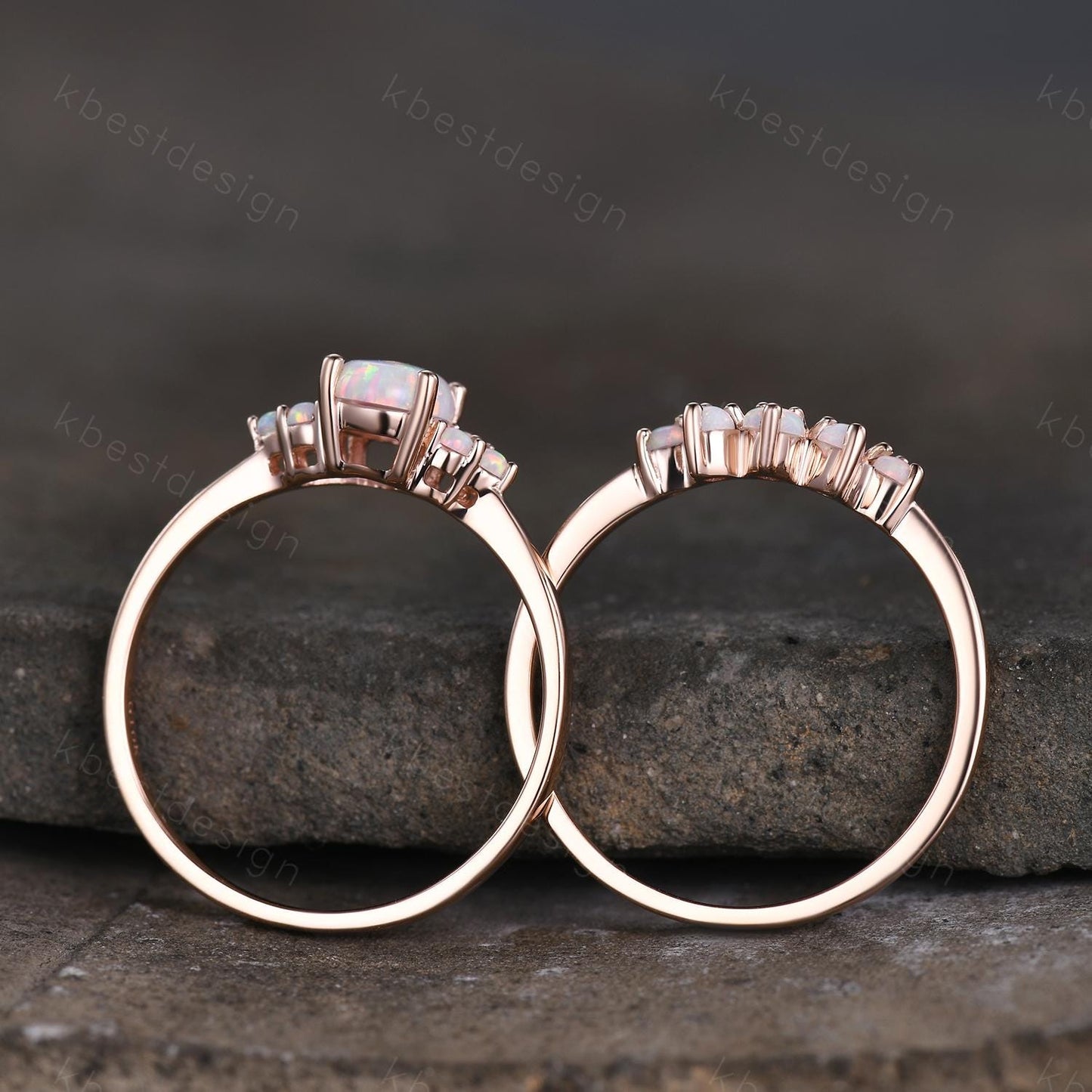 Oval shaped Opal engagement ring set rose gold opal ring vintage curved wedding ring October birthstone ring unique bridal wedding set