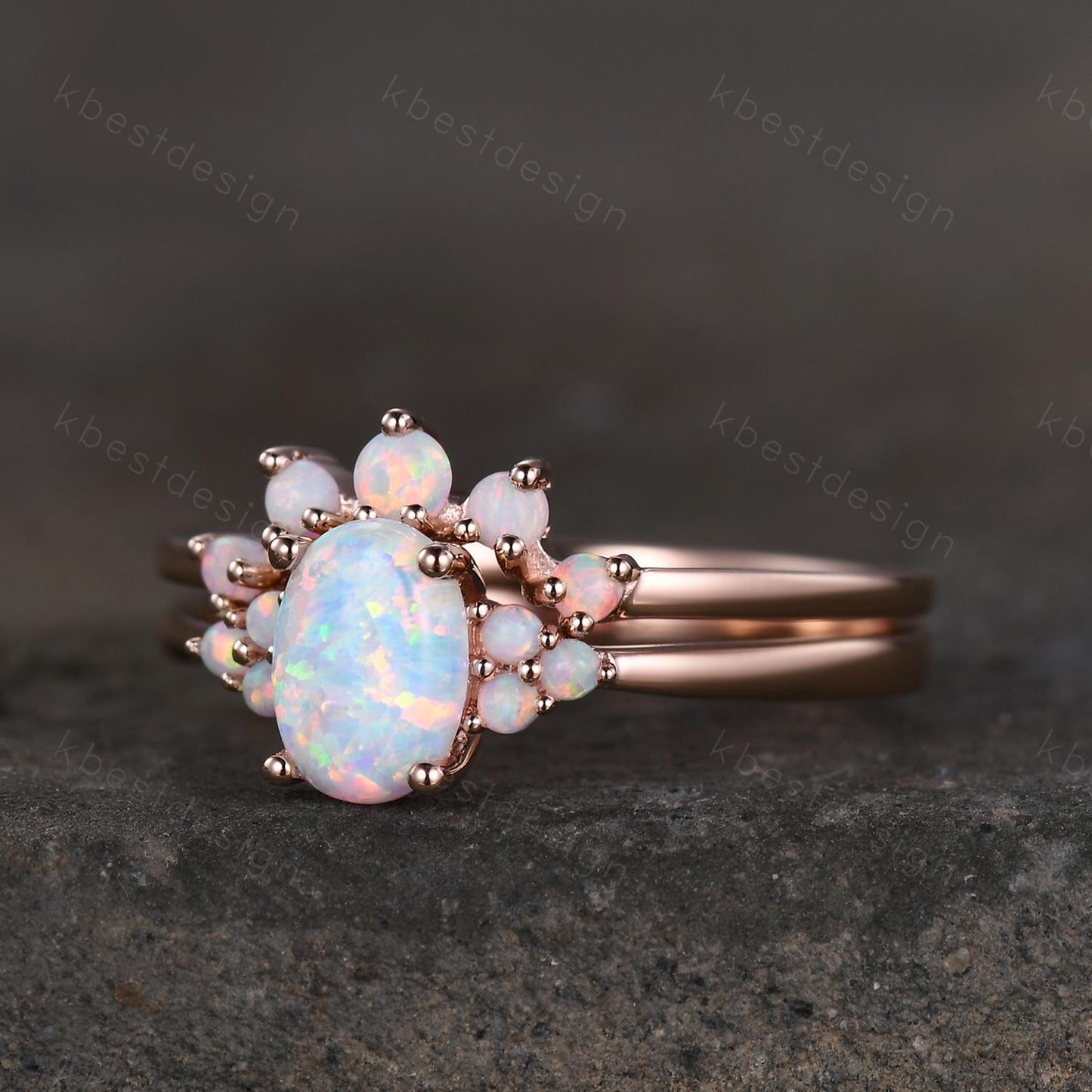 Oval shaped Opal engagement ring set rose gold opal ring vintage curved wedding ring October birthstone ring unique bridal wedding set