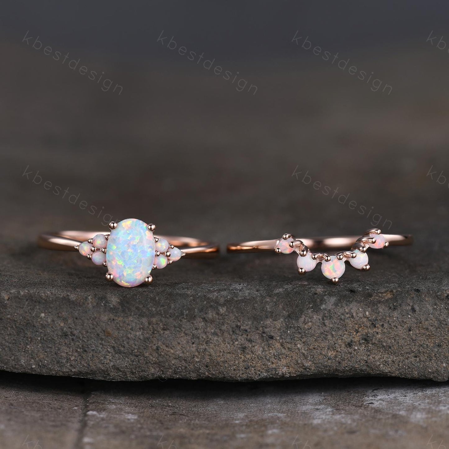 Oval shaped Opal engagement ring set rose gold opal ring vintage curved wedding ring October birthstone ring unique bridal wedding set