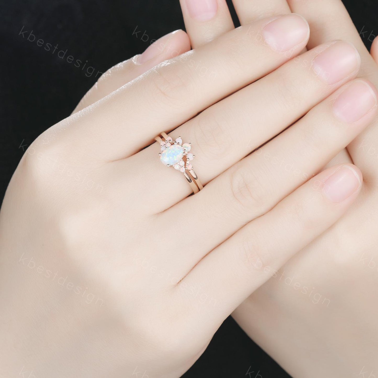 Oval shaped Opal engagement ring set rose gold opal ring vintage curved wedding ring October birthstone ring unique bridal wedding set