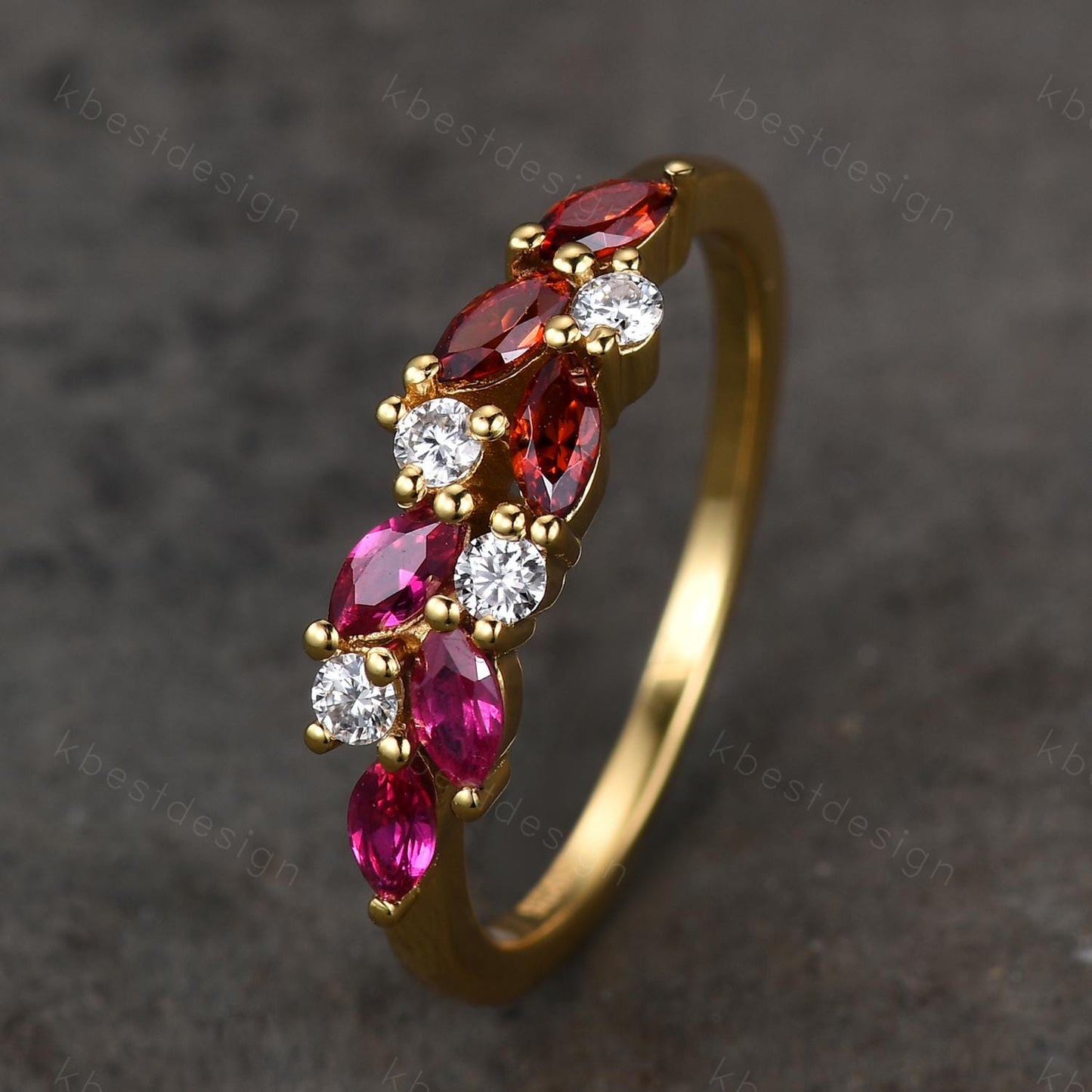 Ruby Garnet cluster wedding band Yellow gold marquise cut wedding band Vintage Moissanite ring family gemstone ring Anniversary gift for her