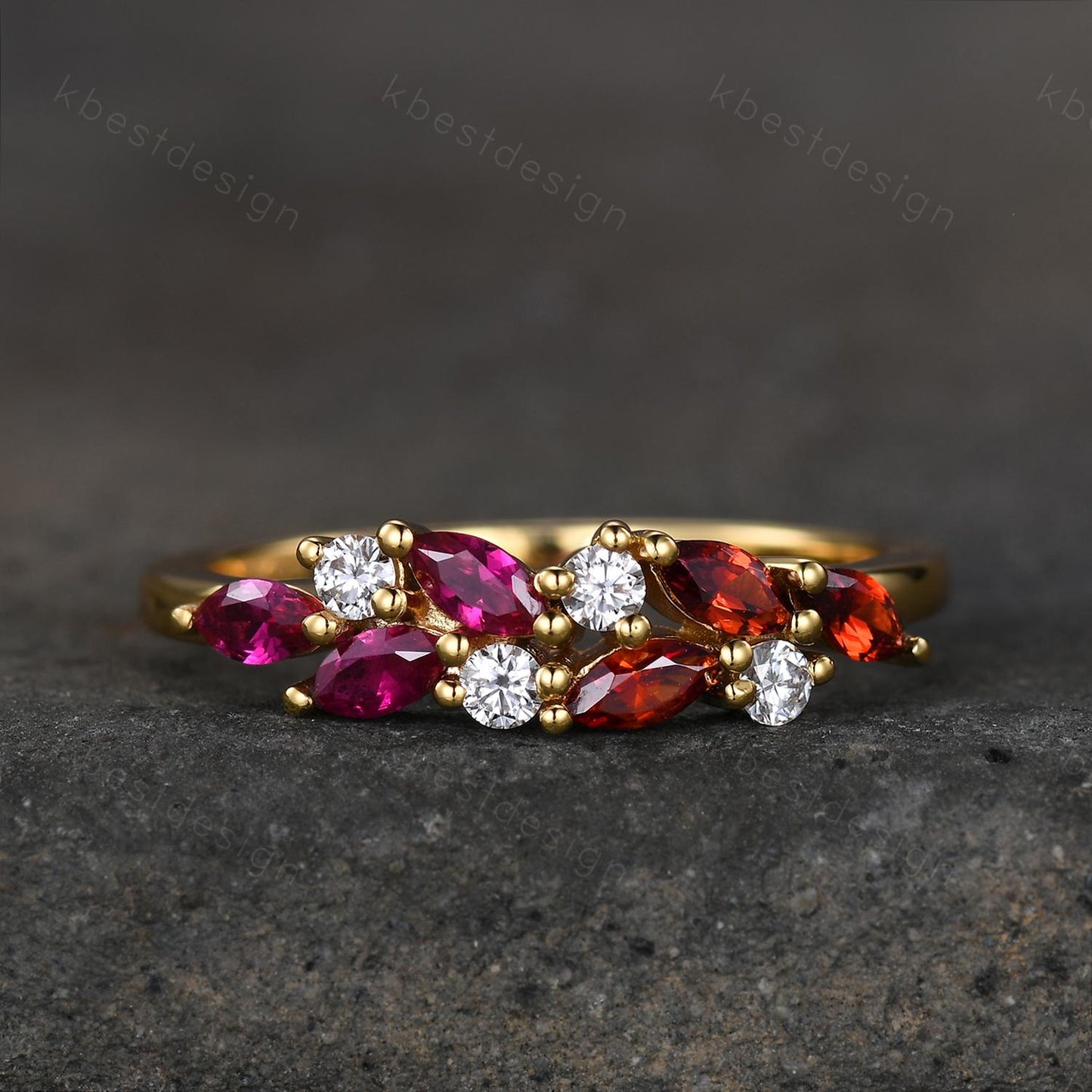 Ruby Garnet cluster wedding band Yellow gold marquise cut wedding band Vintage Moissanite ring family gemstone ring Anniversary gift for her