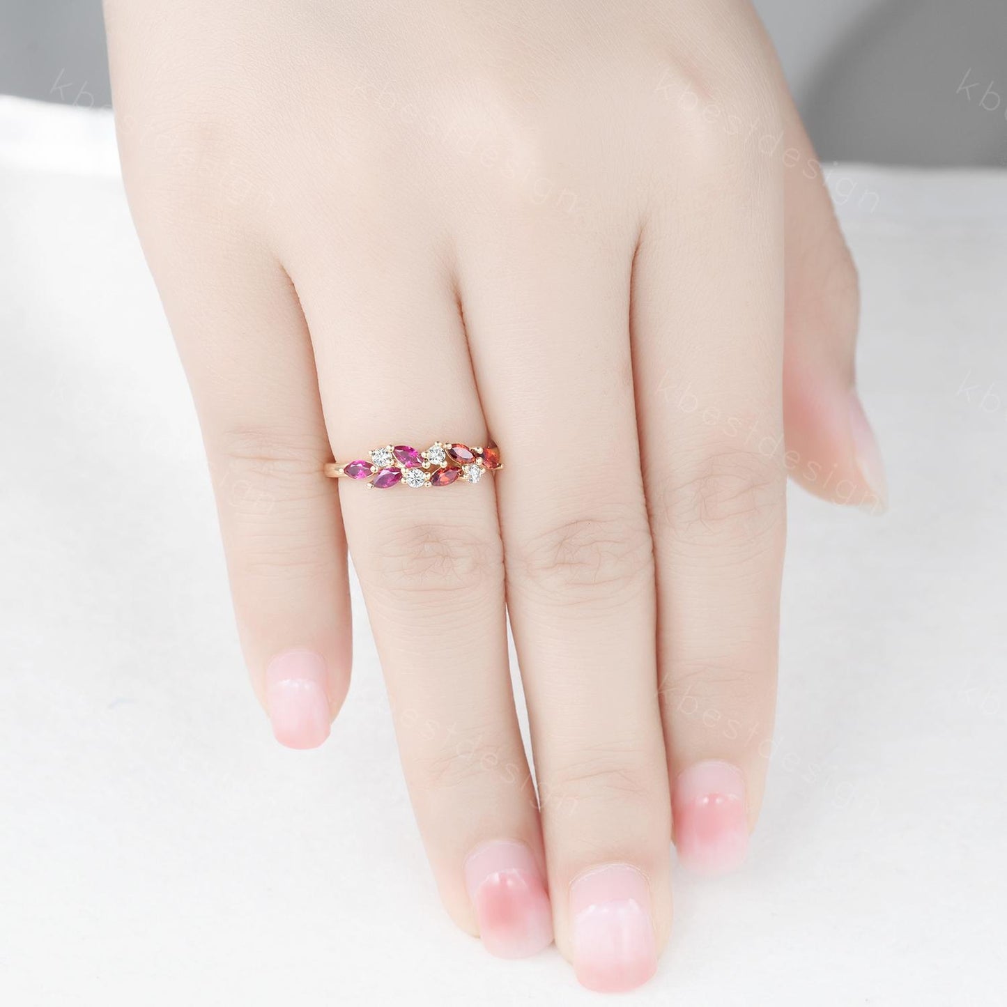 Ruby Garnet cluster wedding band Yellow gold marquise cut wedding band Vintage Moissanite ring family gemstone ring Anniversary gift for her