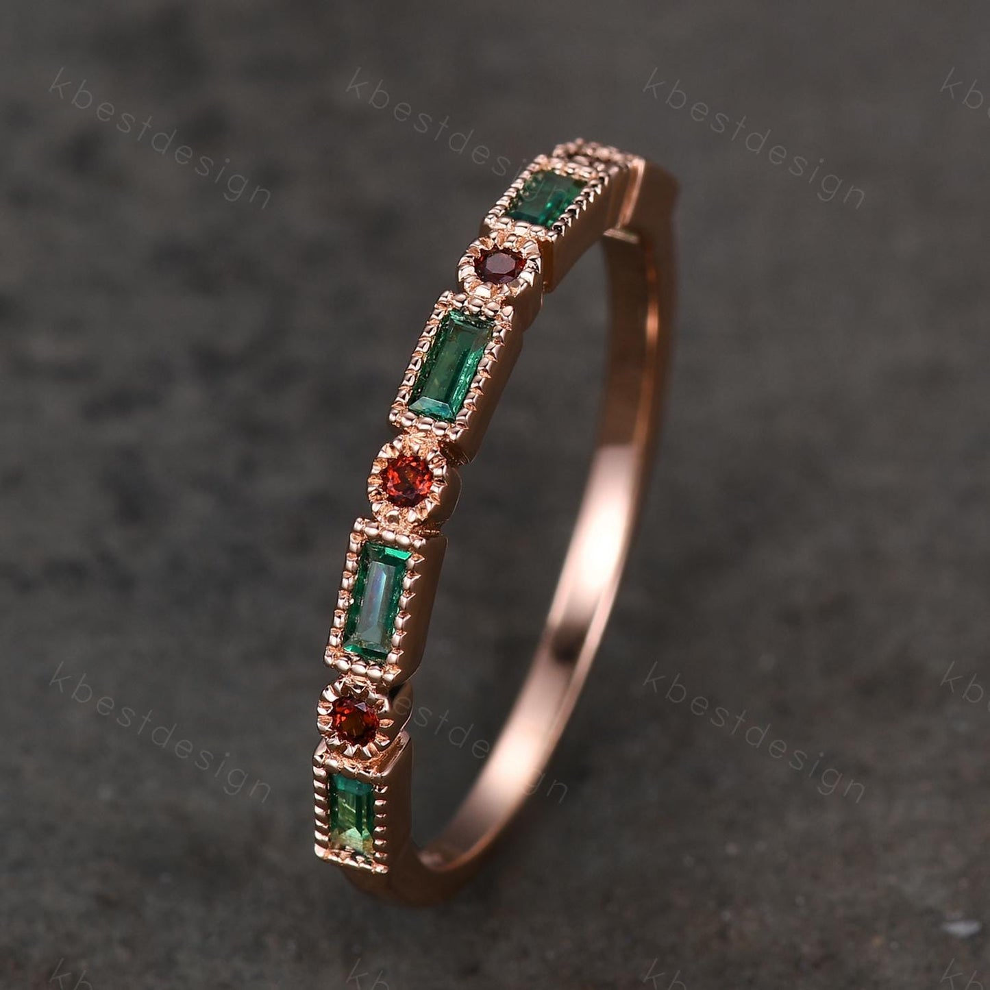 Emerald Wedding Band Half Eternity Band Emerald Garnet Band Art Deco Stacking Wedding Ring Anniversary Ring Rose Gold Band For Women