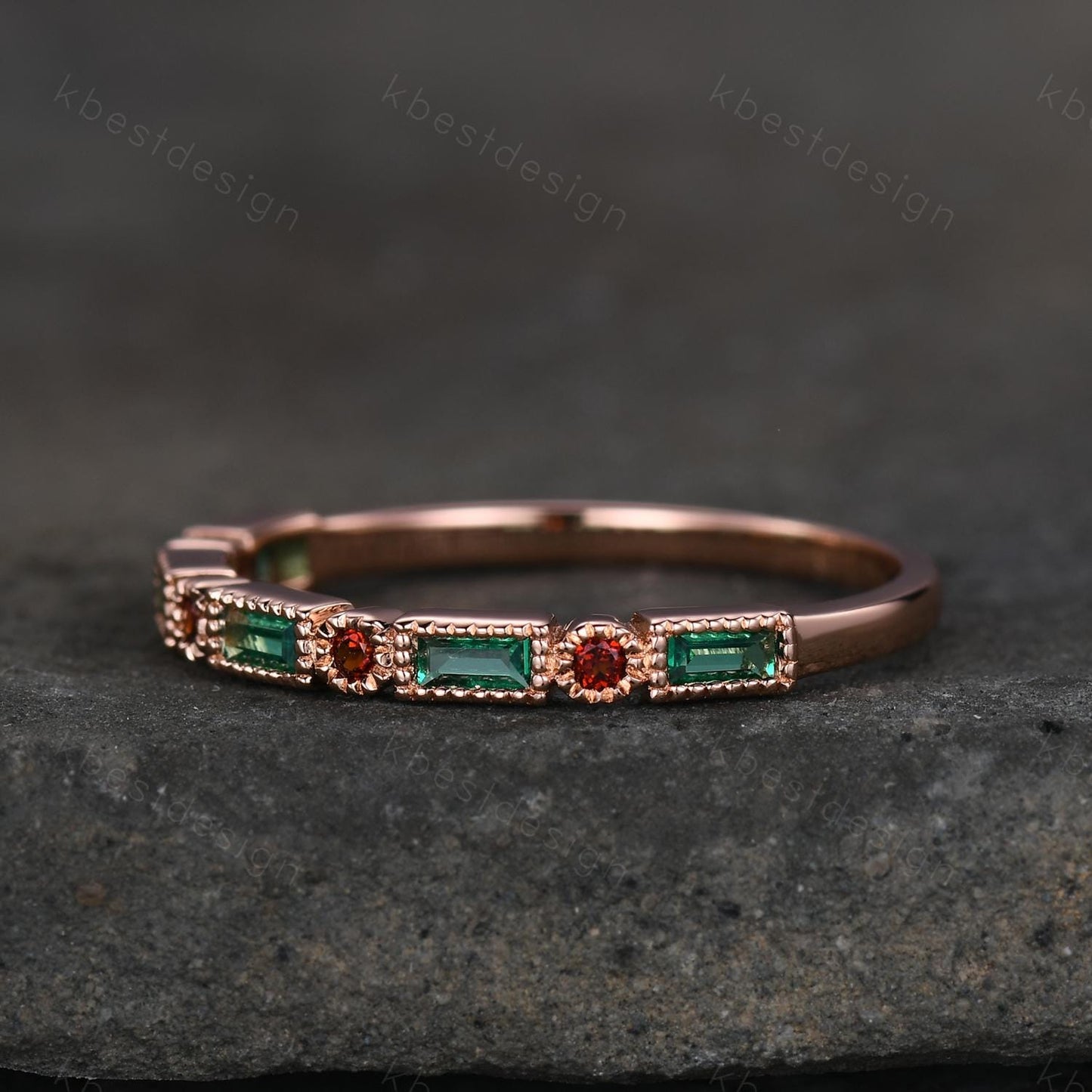 Emerald Wedding Band Half Eternity Band Emerald Garnet Band Art Deco Stacking Wedding Ring Anniversary Ring Rose Gold Band For Women
