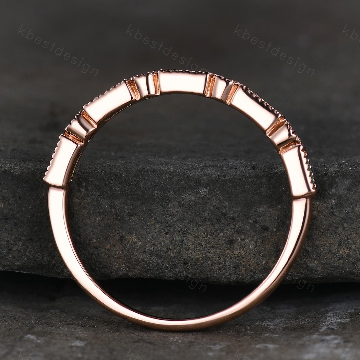Emerald Wedding Band Half Eternity Band Emerald Garnet Band Art Deco Stacking Wedding Ring Anniversary Ring Rose Gold Band For Women