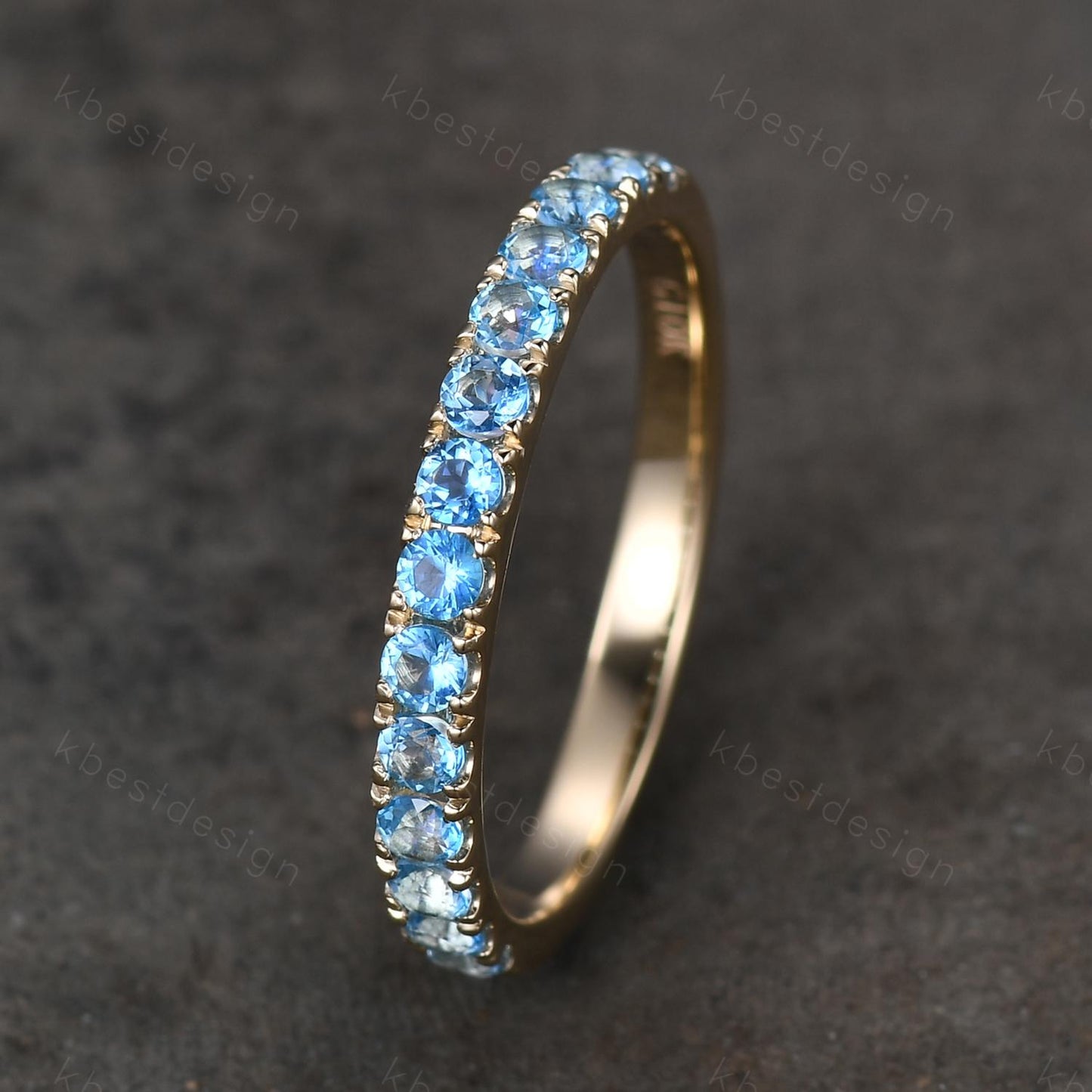 2mm Blue Topaz Wedding Band 14K Solid Gold Half Eternity Stacking Band December Wedding Band Women Matching Band Promise Anniversary Gift