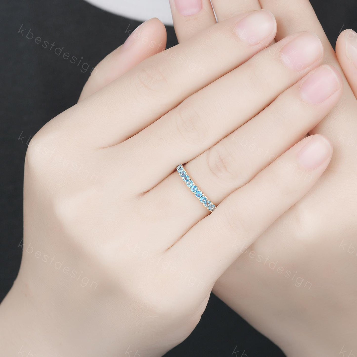 2mm Blue Topaz Wedding Band 14K Solid Gold Half Eternity Stacking Band December Wedding Band Women Matching Band Promise Anniversary Gift