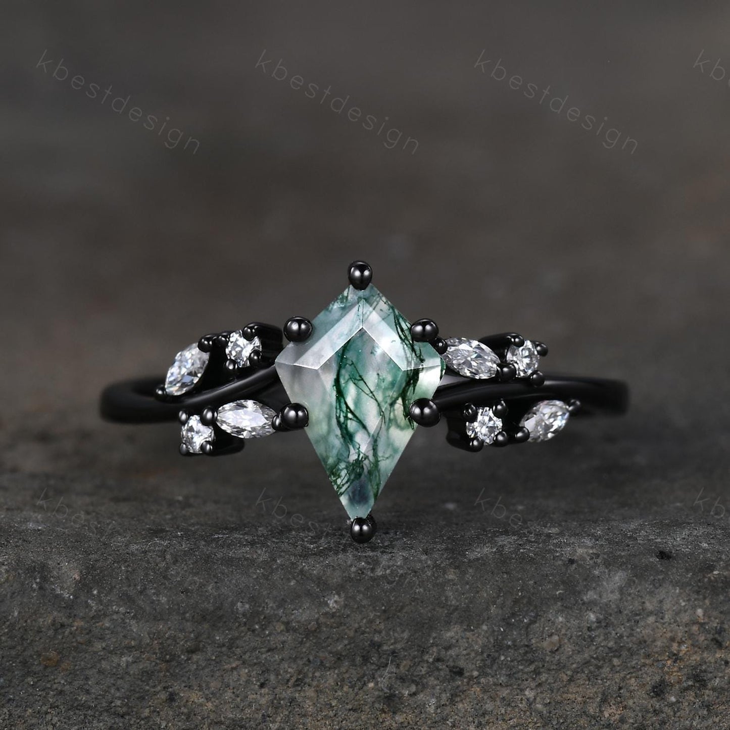 Vintage moss agate engagement ring unique black gold promise ring for women moissanite cluster ring kite cut bridal anniversary ring